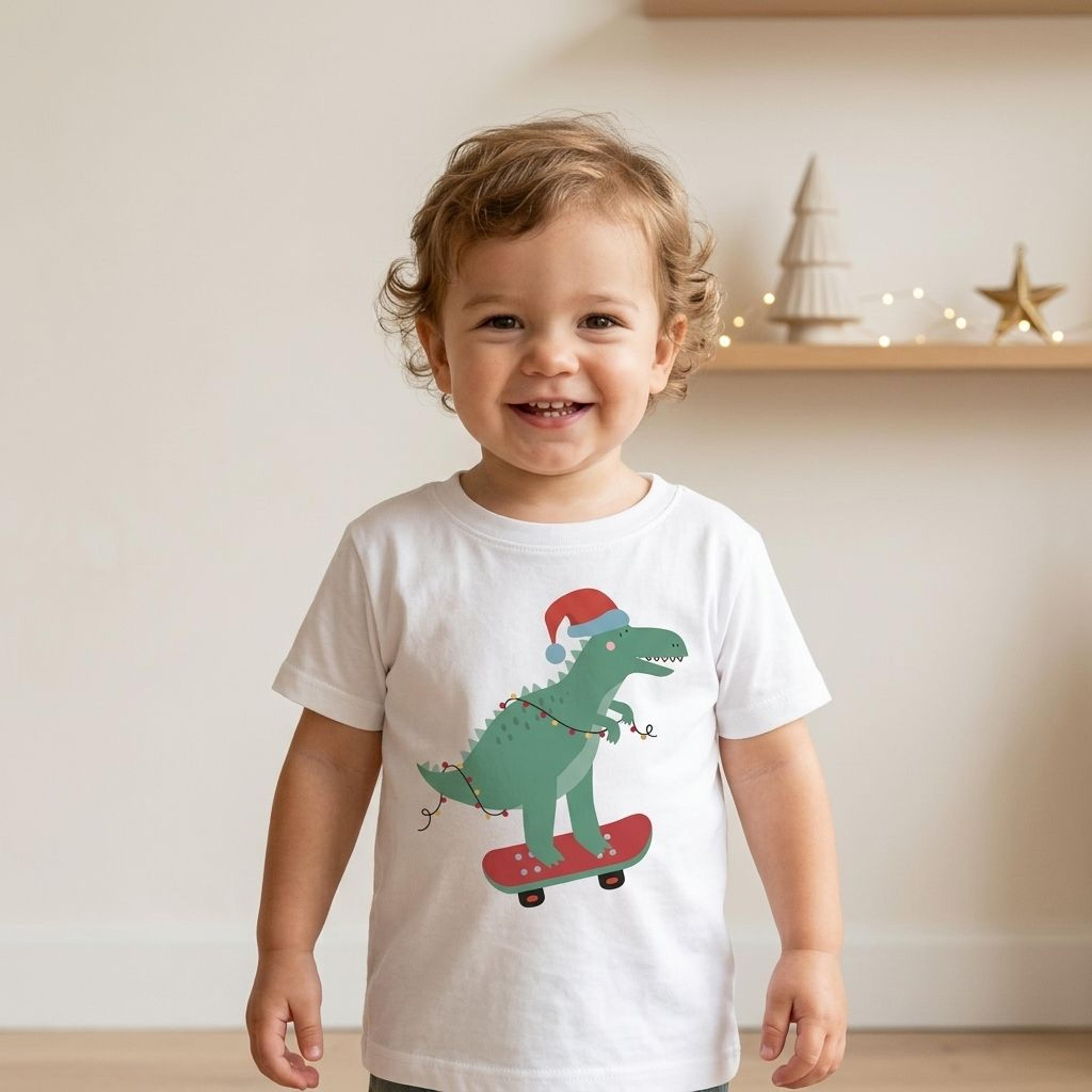 dinosaur christmas shirt, skateboarding santa dino kids tee, baby holiday bodysuit, toddler christmas raglan gift