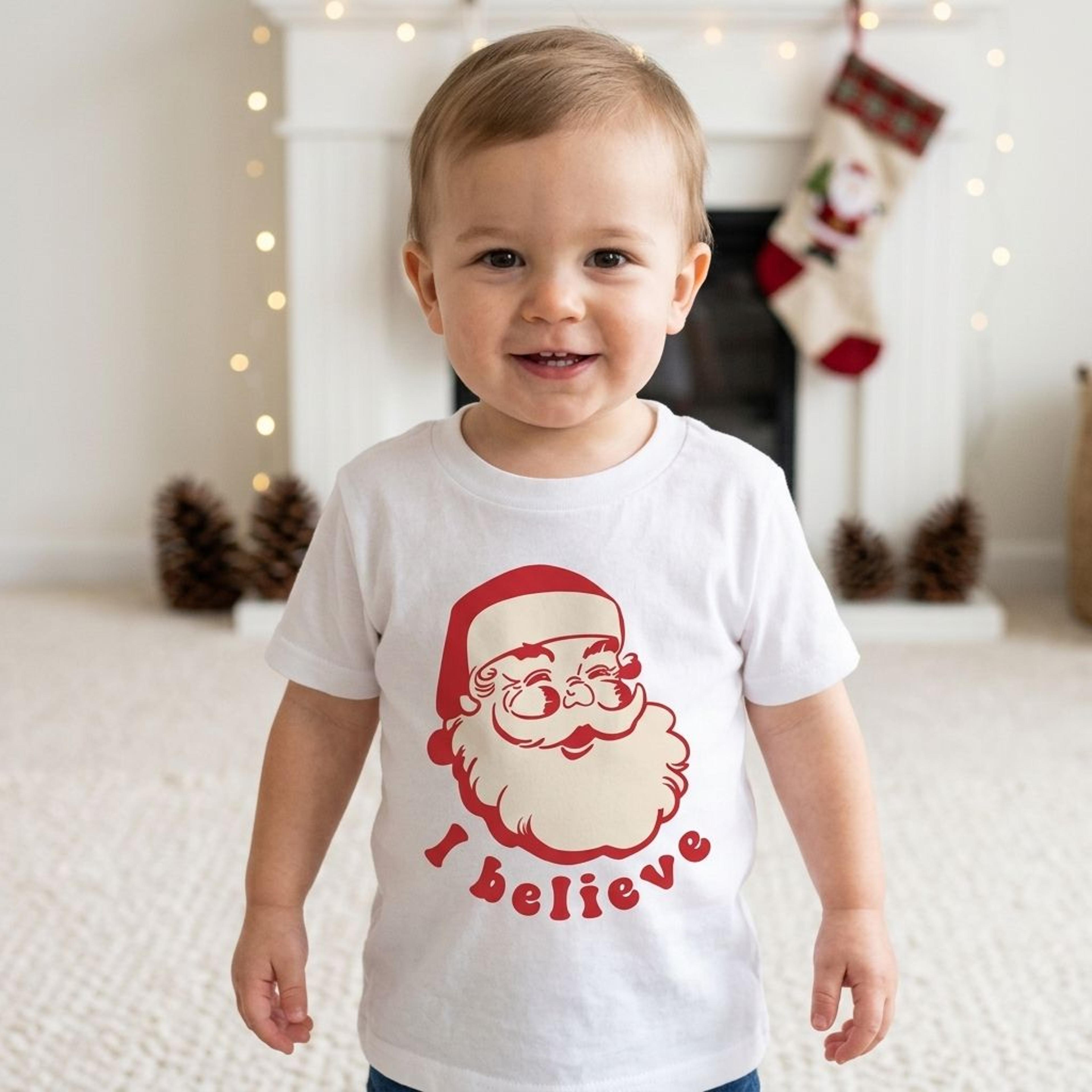 santa i believe kids christmas shirt, retro santa baby bodysuit, toddler holiday tee, christmas raglan gift