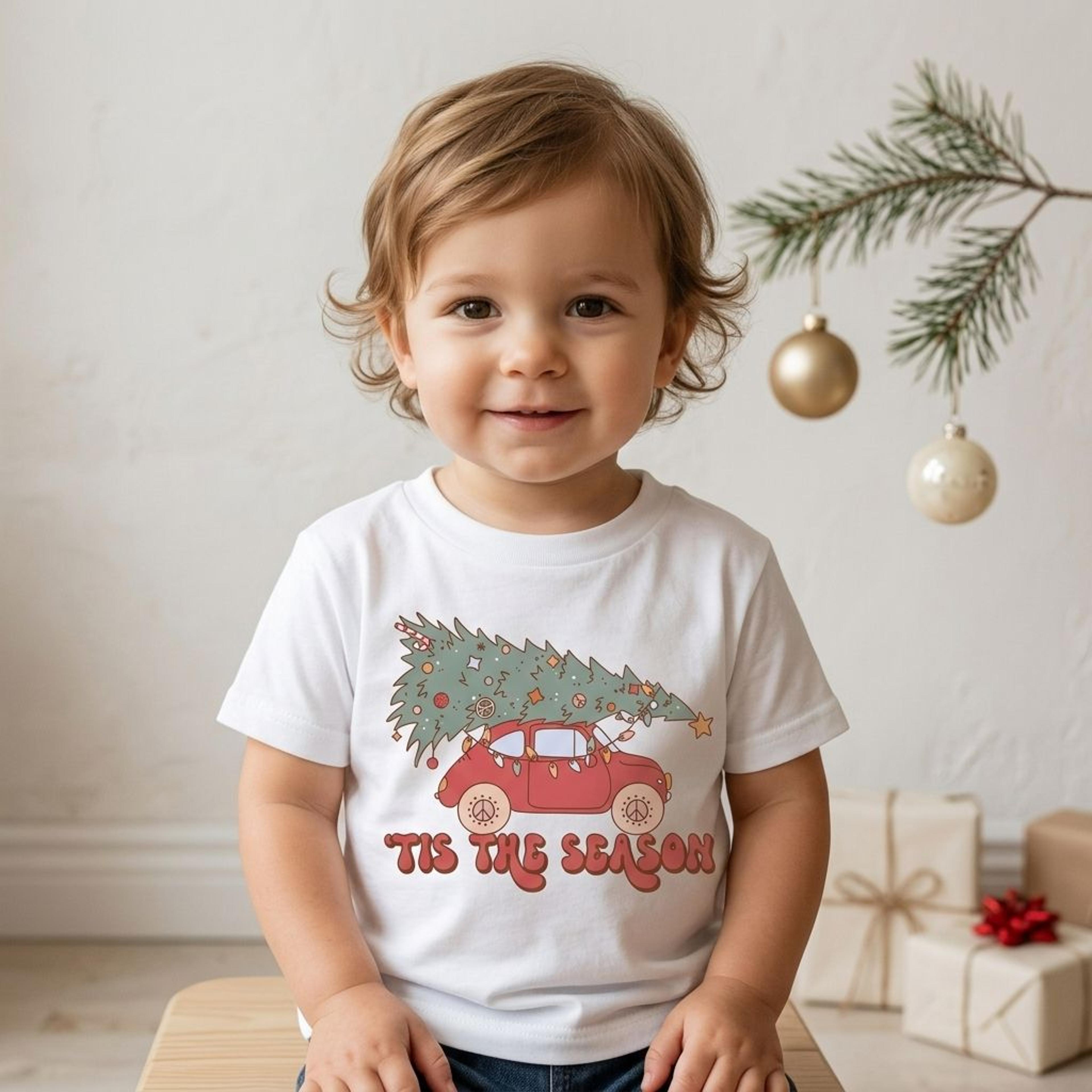tis the season christmas tree car kids shirt, baby holiday bodysuit, toddler christmas tee, retro xmas raglan
