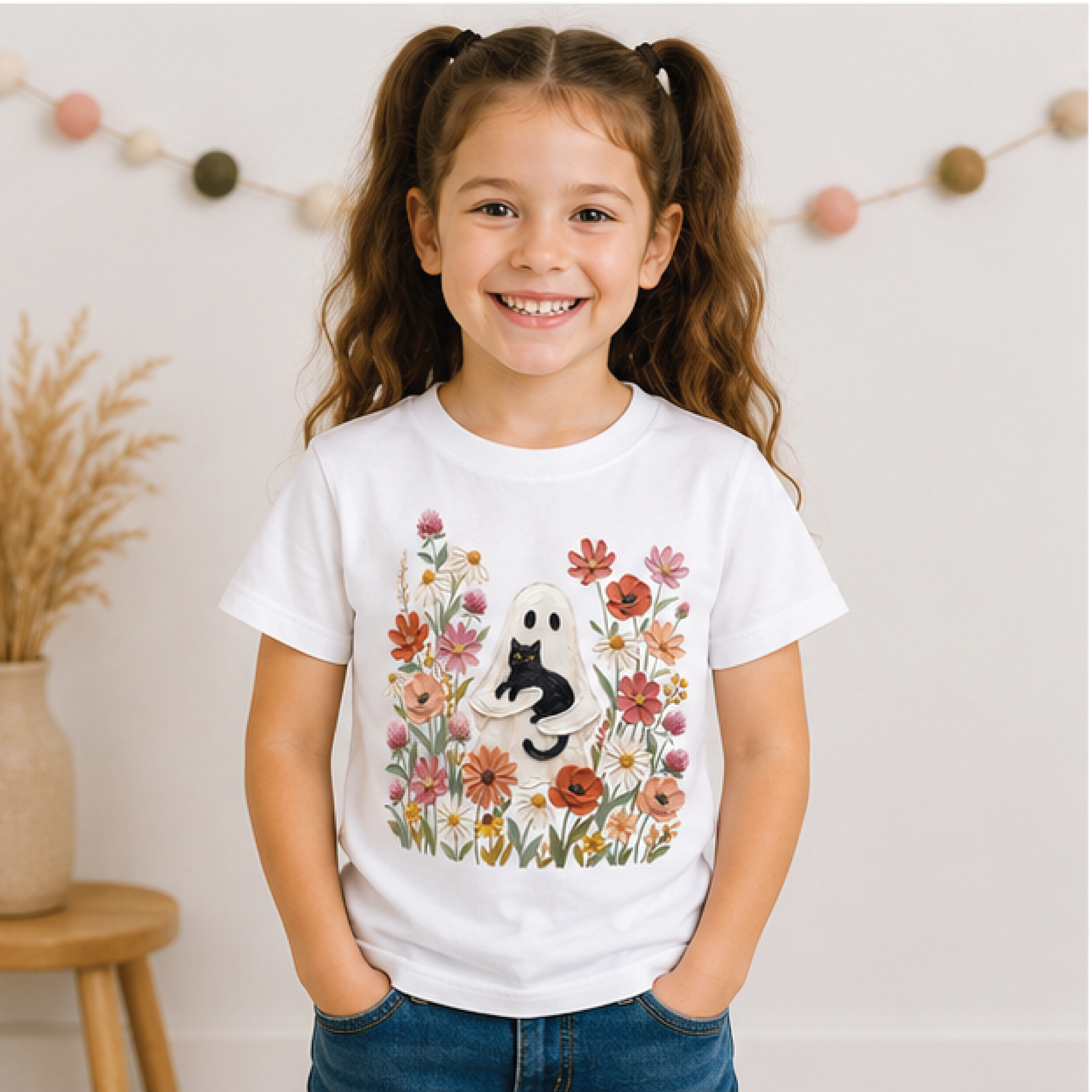 Vintage Ghost Black Cat Kids Shirt Floral Halloween Toddler Tee Cute Pumpkin Fall Shirt Boho Spooky 2
