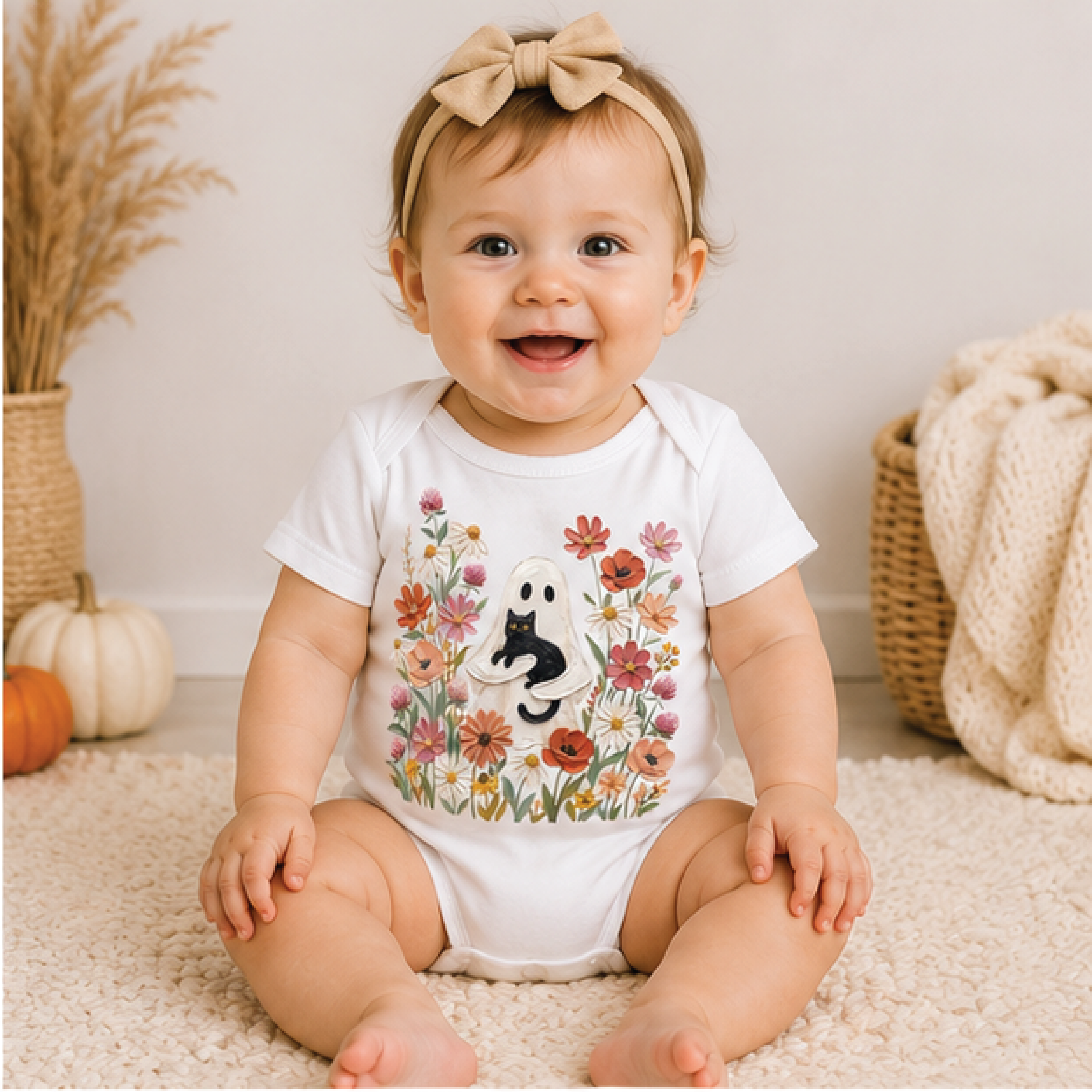 Vintage Ghost Black Cat Kids Shirt Floral Halloween Toddler Tee Cute Pumpkin Fall Shirt Boho Spooky 1