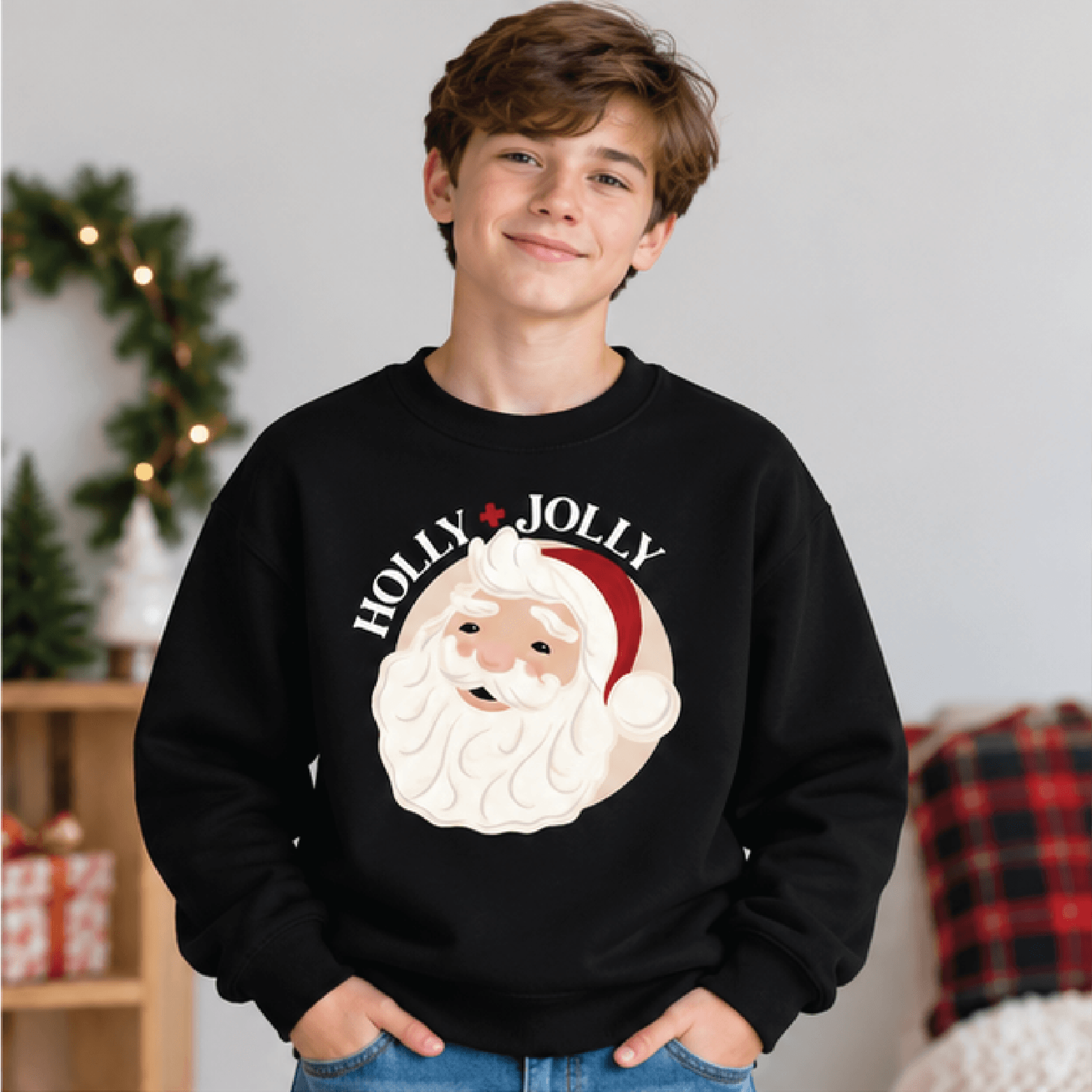 green santa retro christmas sweatshirt, kids holiday crewneck, youth vintage santa sweater, festive xmas gift