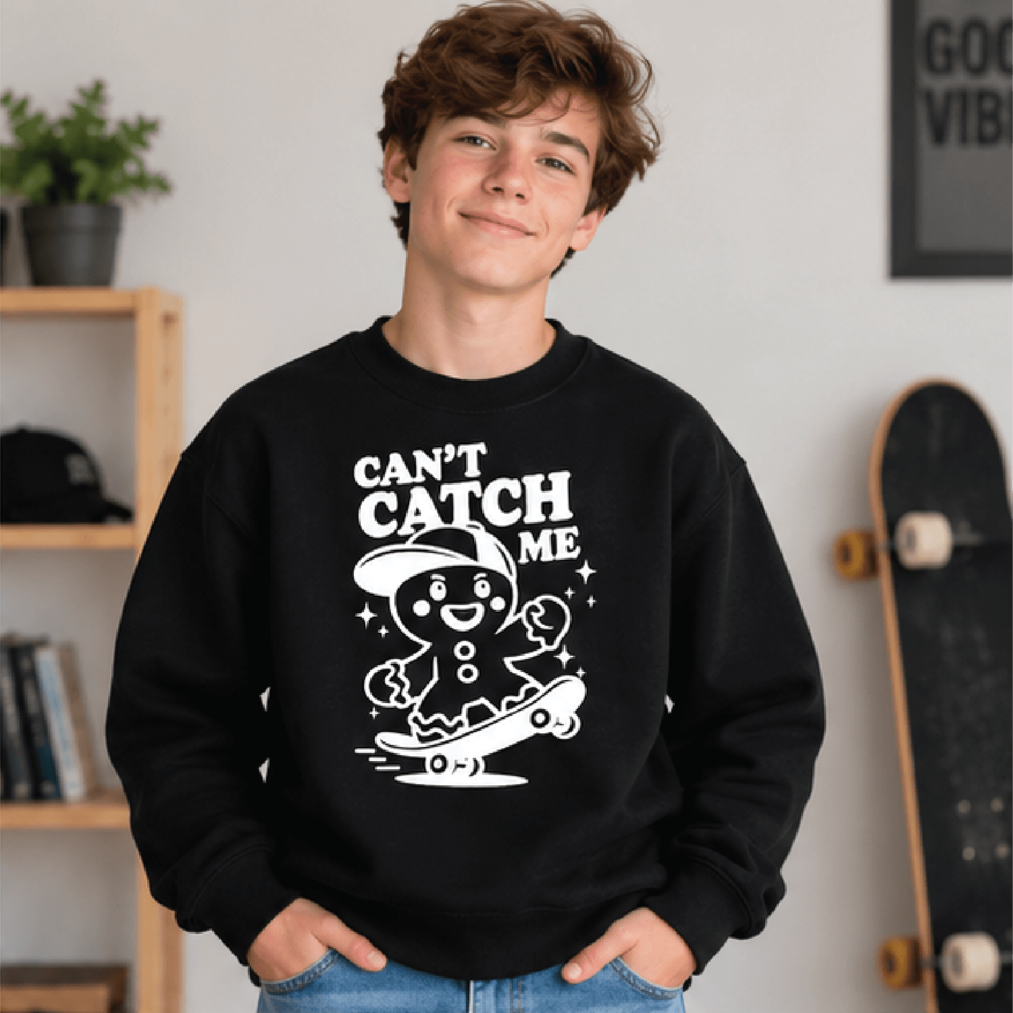can't catch me christmas sweatshirt, kids gingerbread crewneck, youth skateboard holiday sweater, funny xmas gift