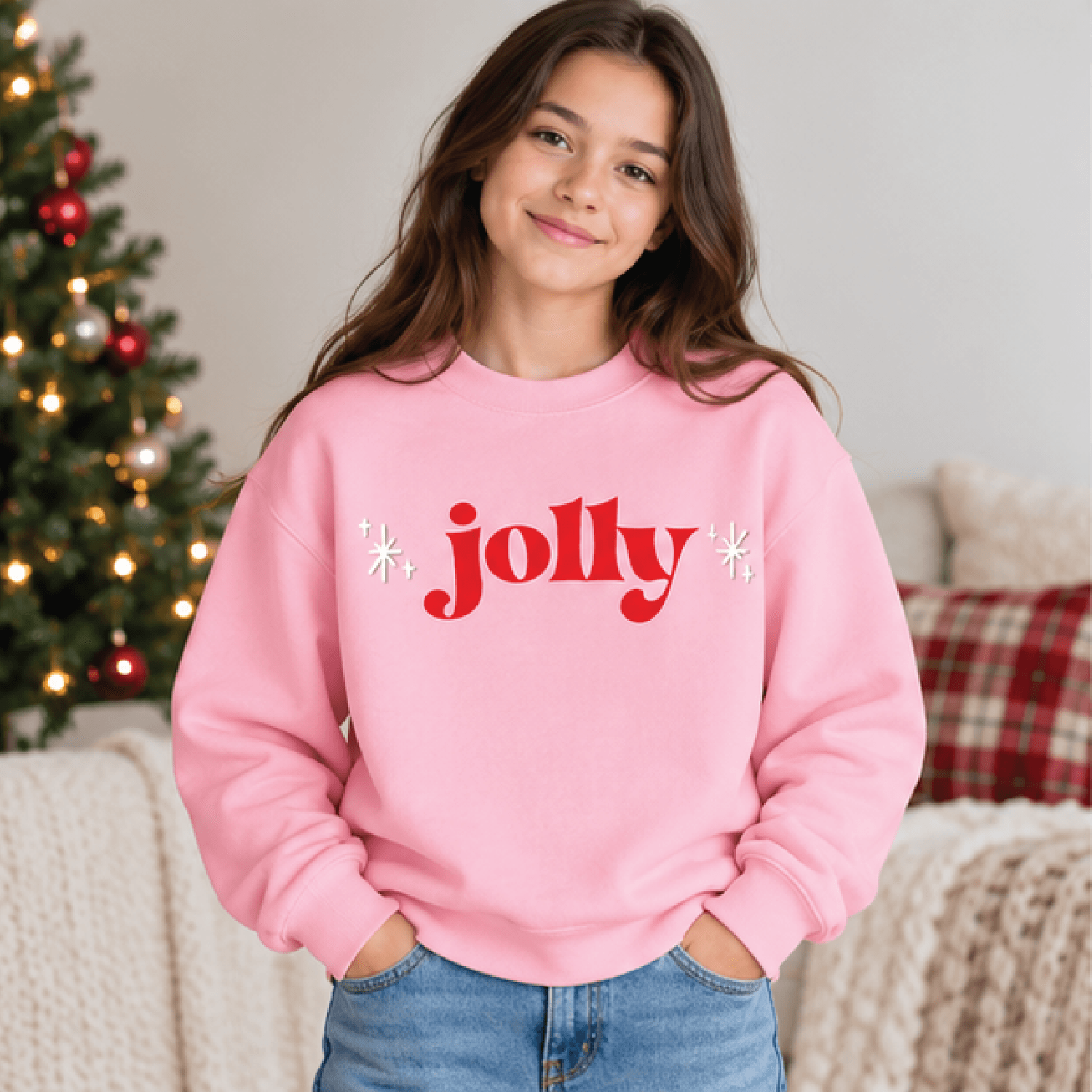 pink santa christmas sweatshirt, kids retro holiday crewneck, youth vintage xmas sweater, cute festive santa gift