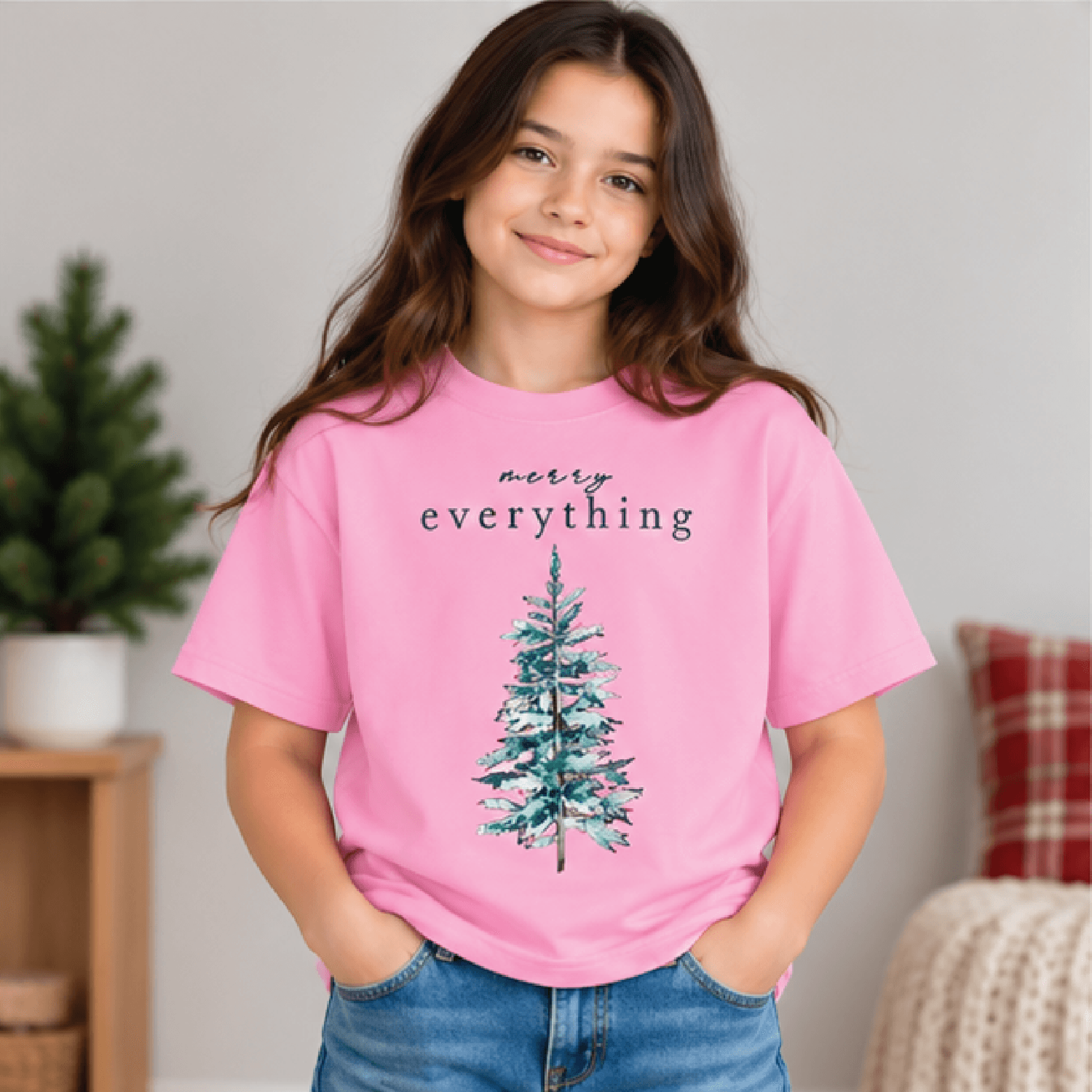 Merry Everything Christmas Sweatshirt Kids Holiday Crewneck Youth Vintage Tree Sweater Neutral Rust 2