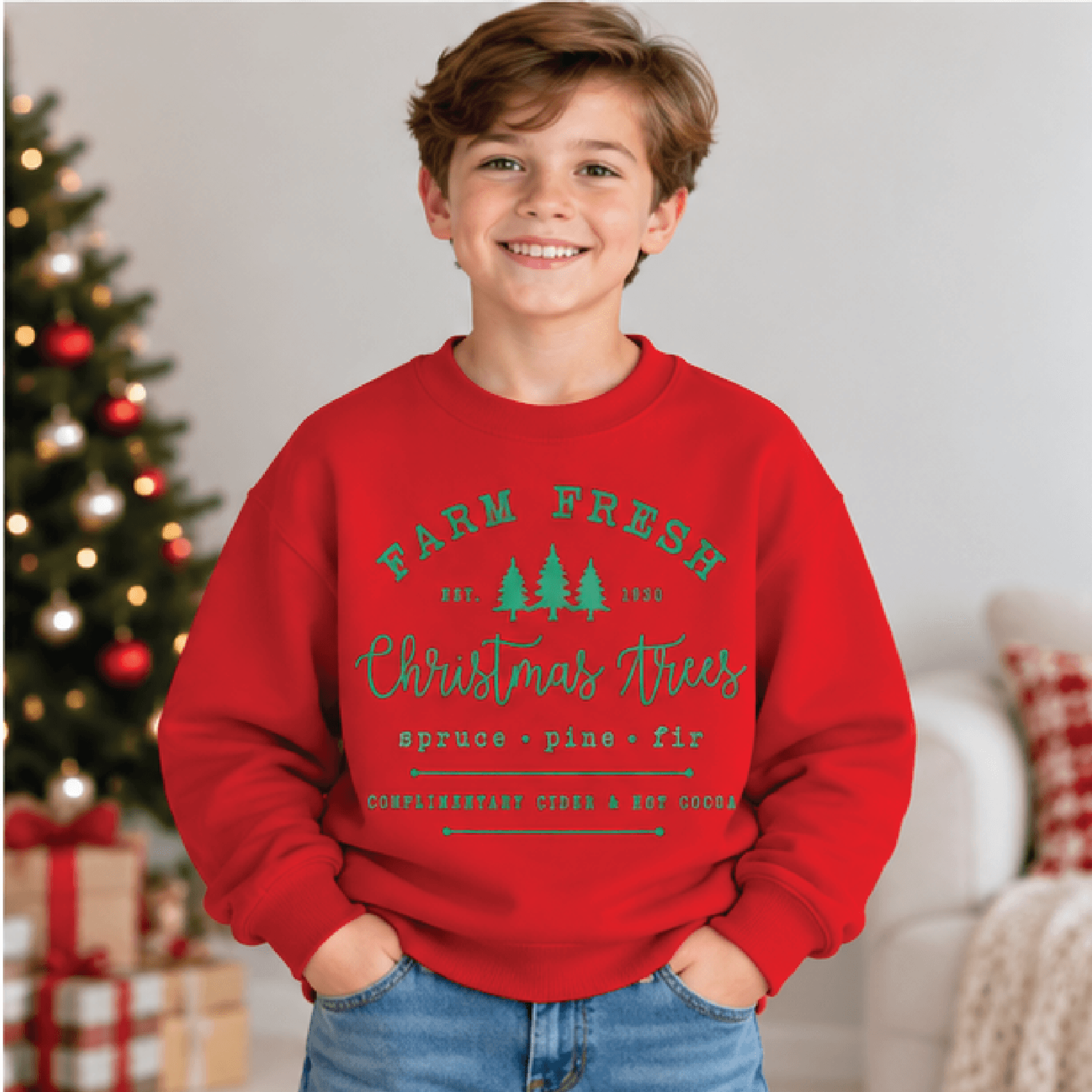 Farm Fresh Christmas Tree Sweatshirt Kids Holiday Crewneck Youth Vintage Xmas Sweater Retro Tree Fa 3