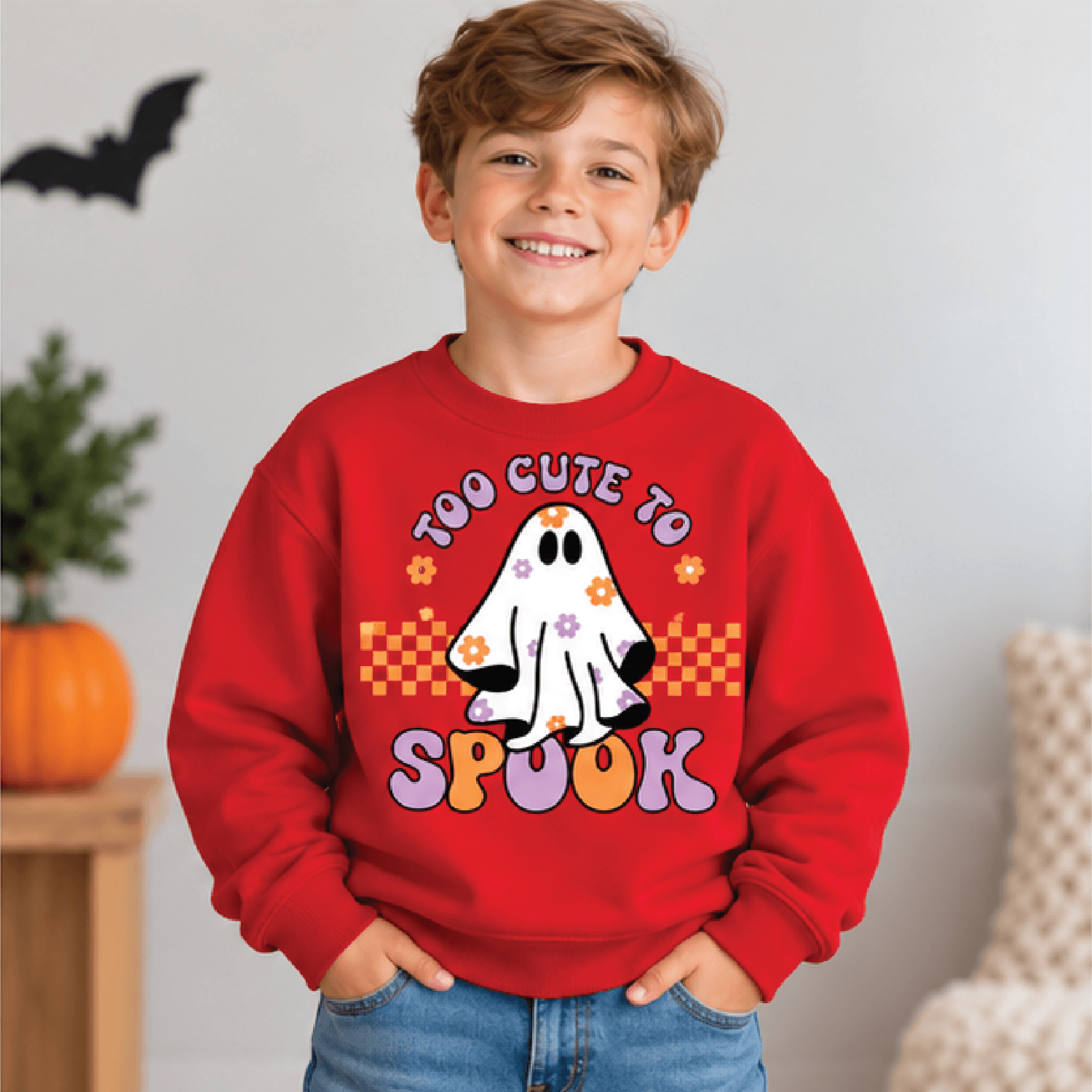 Too Cute To Spook Halloween Sweatshirt Kids Ghost Crewneck Youth Spooky Season Sweater Cute Trick O 3