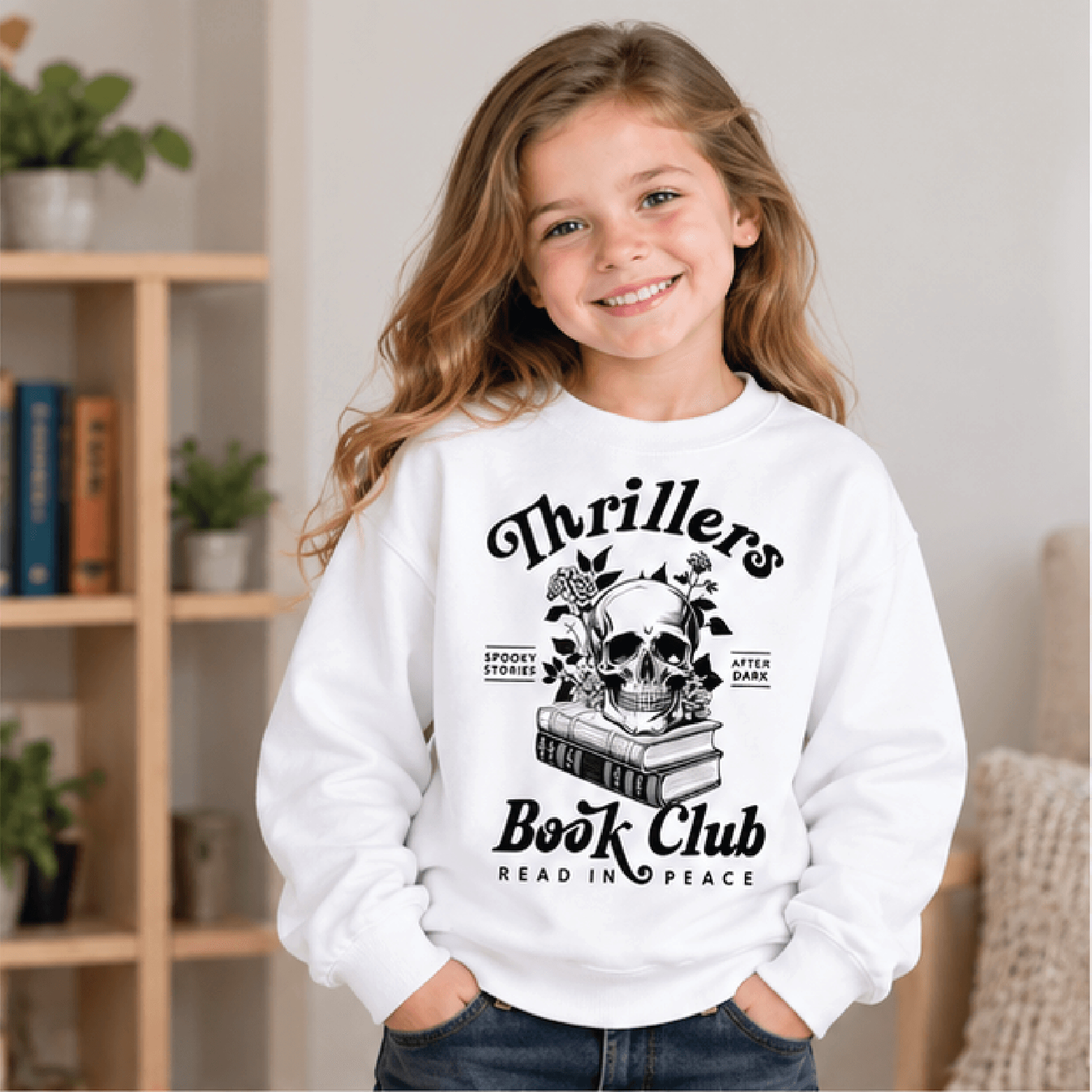 thrillers book club sweatshirt, kids youth spooky reading crewneck, halloween skull sweater, book lover fall gift