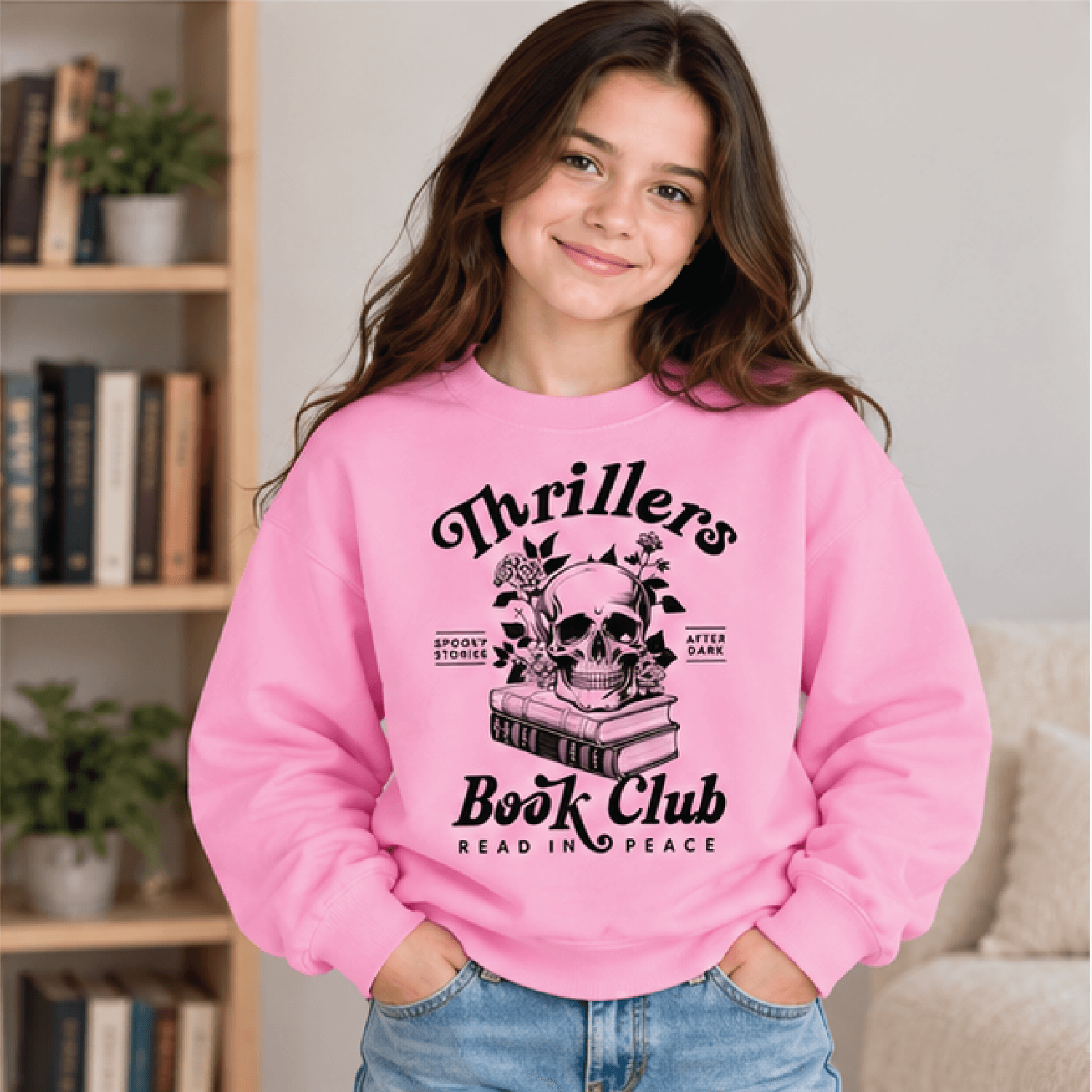 Thrillers Book Club Sweatshirt Kids Youth Spooky Reading Crewneck Halloween Skull Sweater Book Love 2