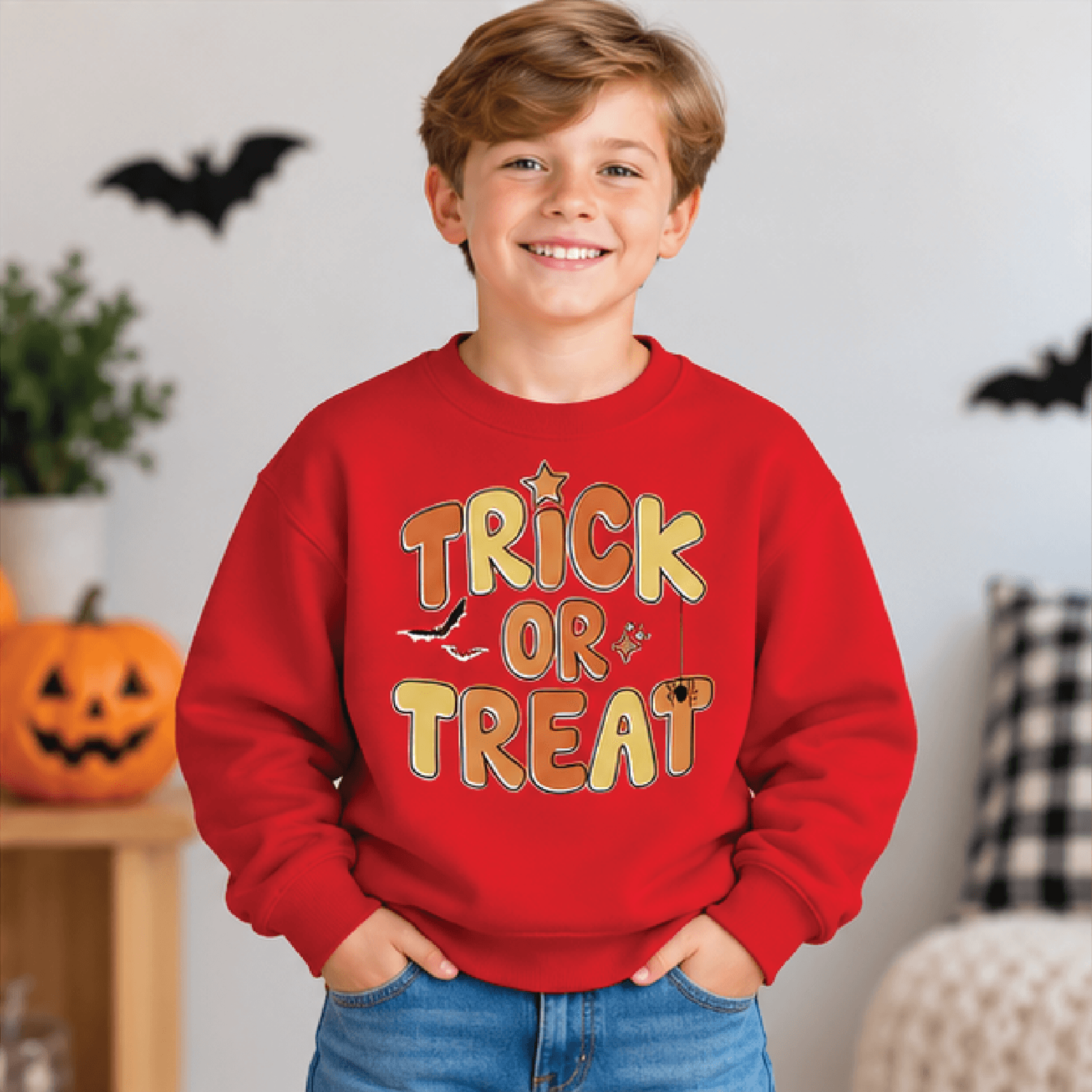 Trick Or Treat Halloween Sweatshirt Kids Spooky Crewneck Youth Retro Halloween Sweater Orange Yello 3