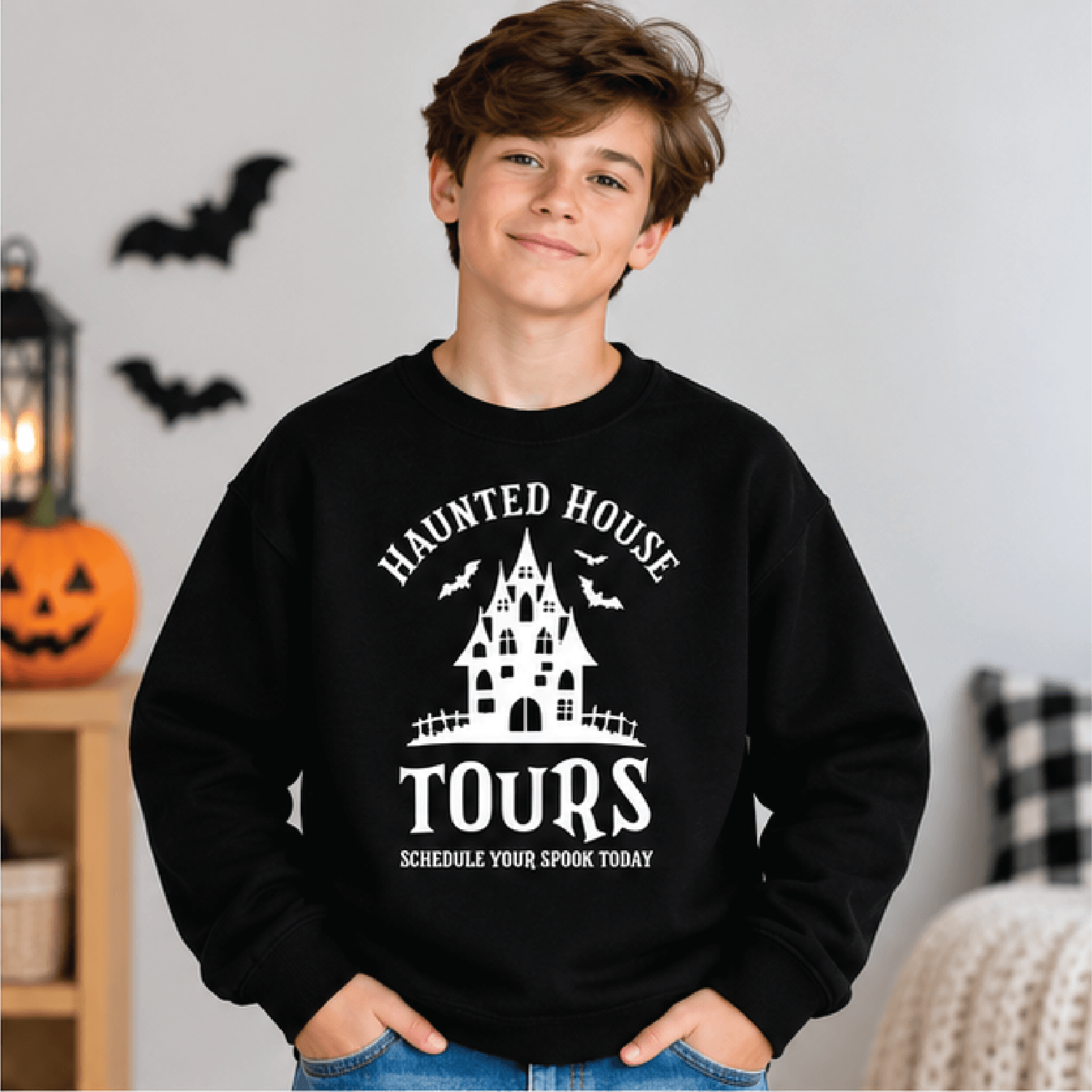 Haunted House Tours Sweatshirt Kids Halloween Crewneck Youth Spooky Haunted House Sweater Retro Fal 1