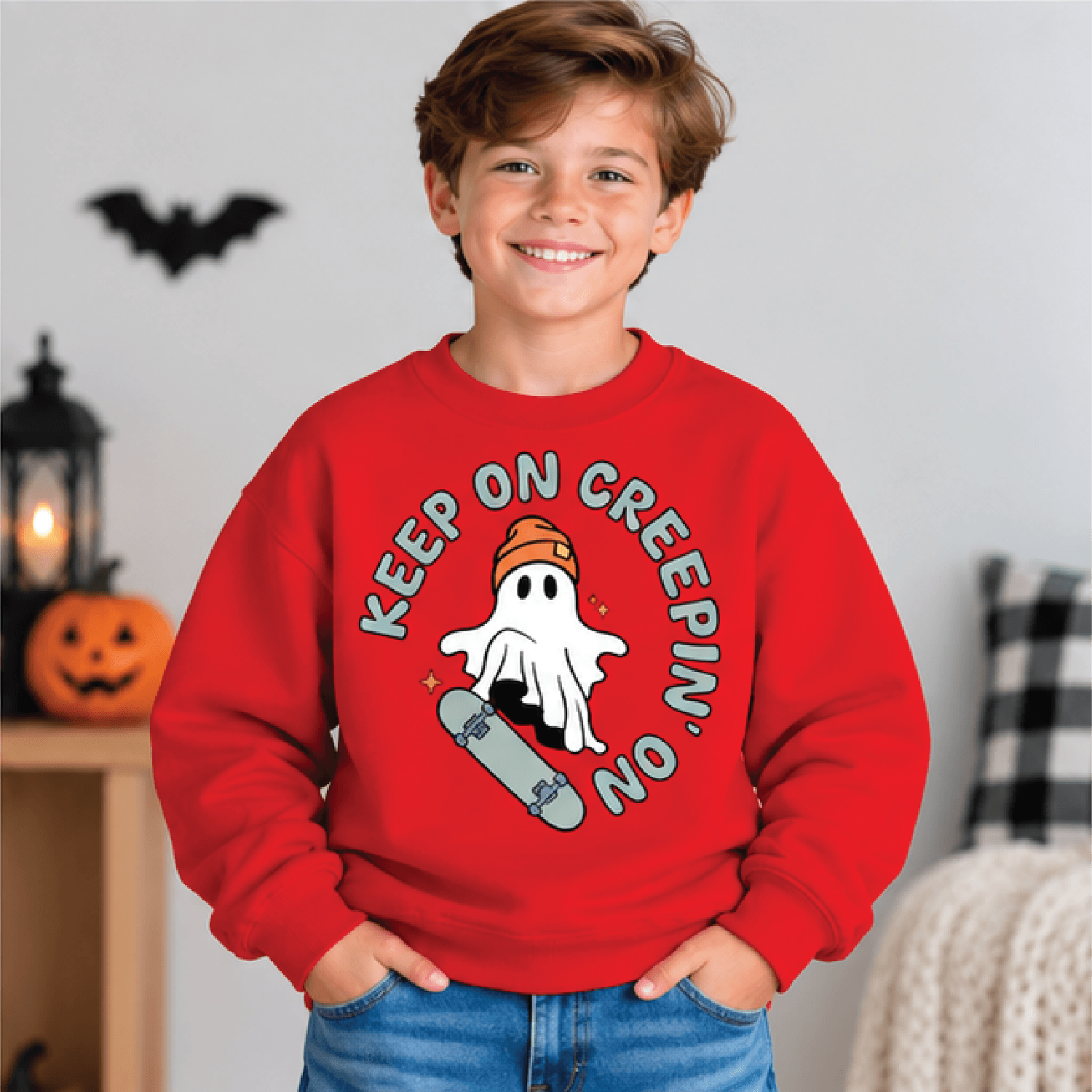 Keep On Creepin On Sweatshirt Kids Halloween Ghost Crewneck Youth Skater Ghost Sweater Retro Spooky 3