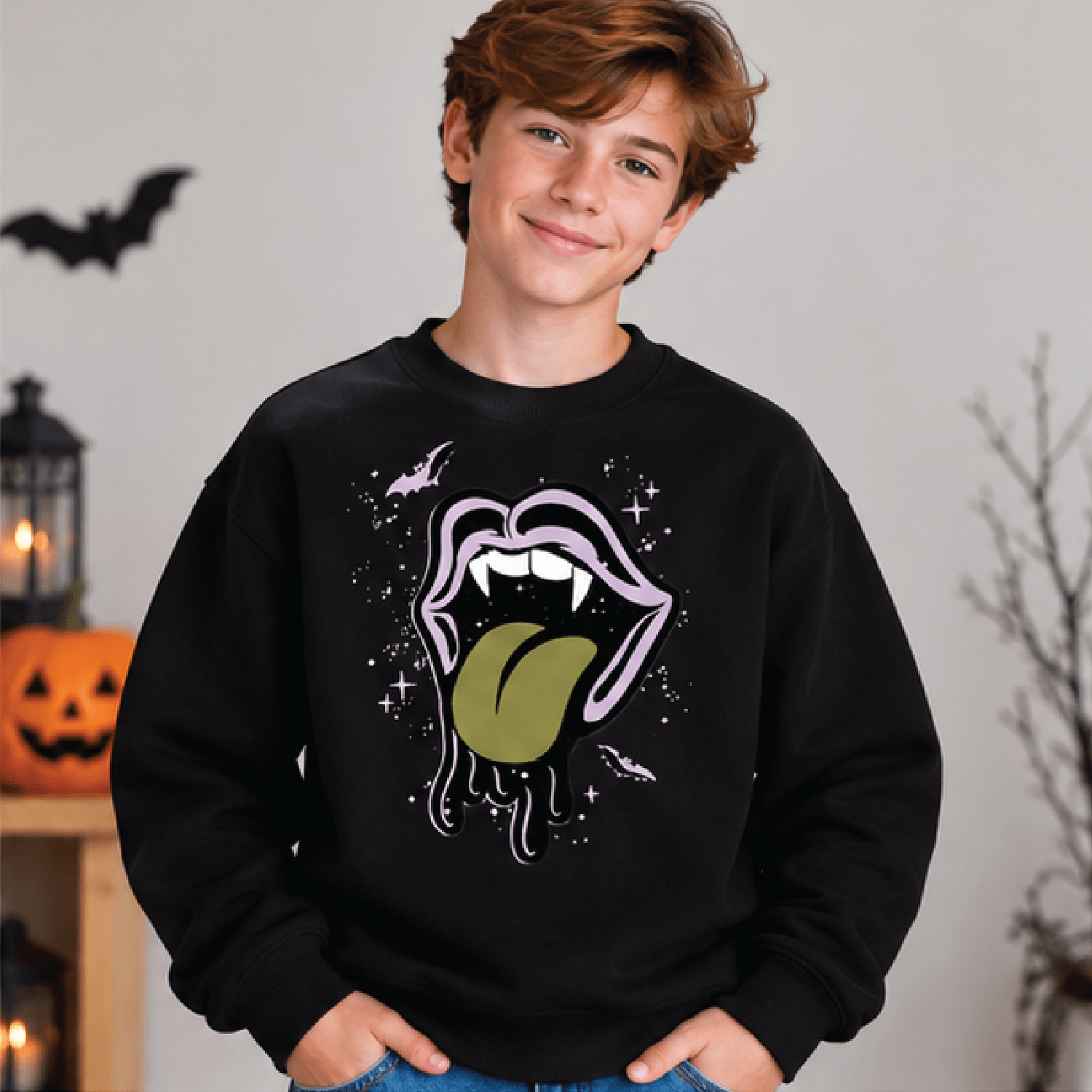 Vampire Drippy Mouth Halloween Sweatshirt Kids Spooky Crewneck Youth Vampire Fang Sweater Gothic Ha 1