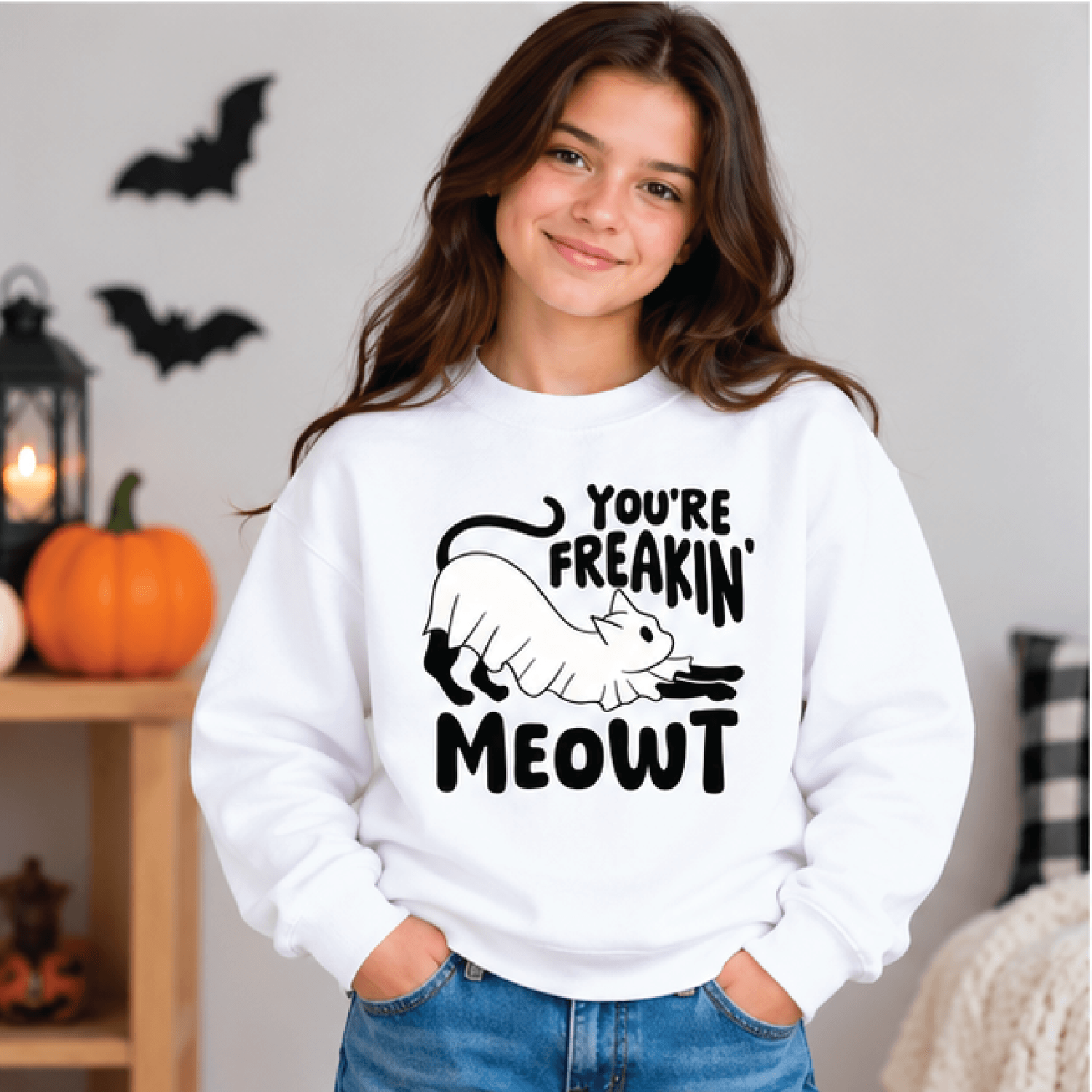 Youre Freakin Meowt Halloween Sweatshirt Kids Ghost Cat Crewneck Youth Spooky Cat Sweater Cute Tric 2