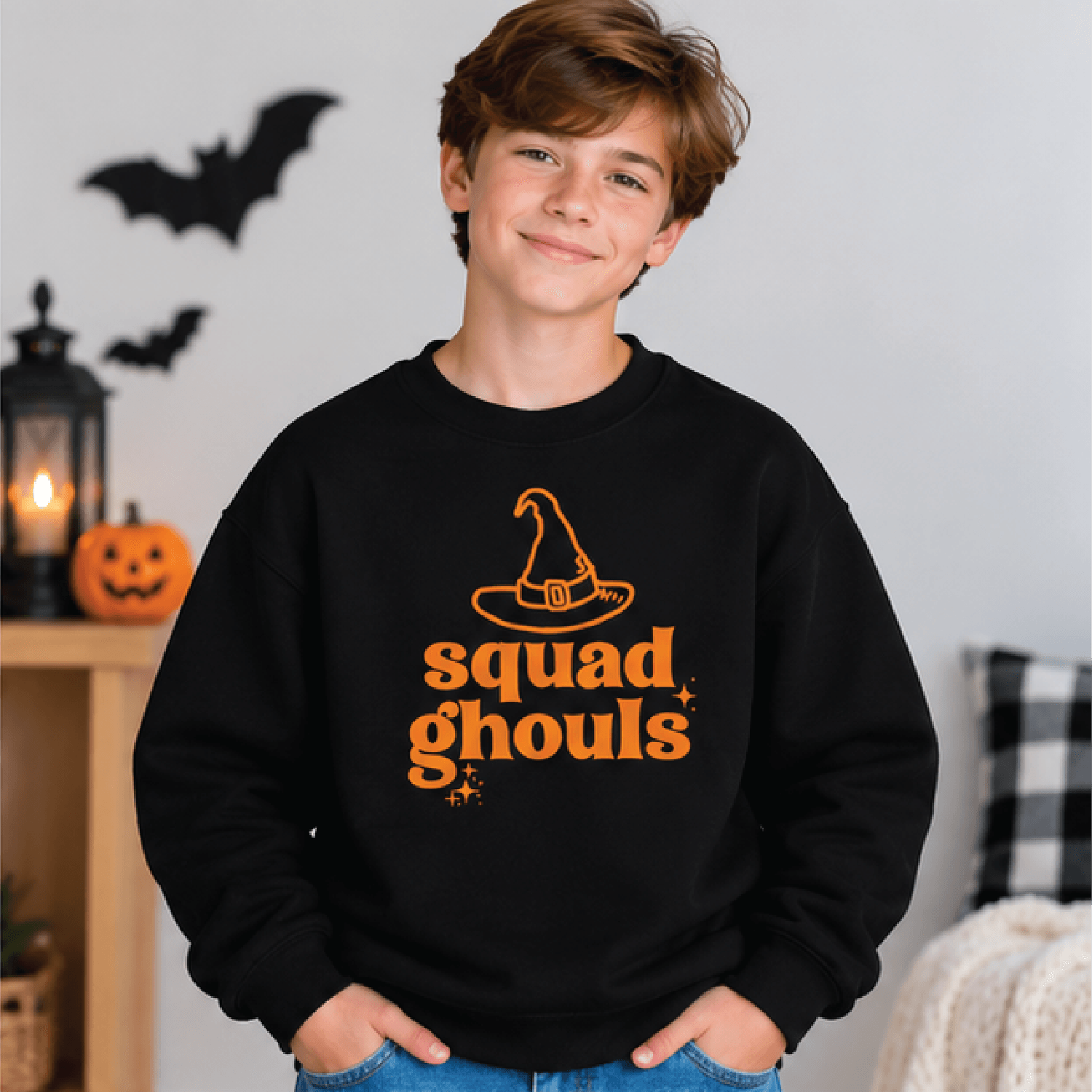 squad ghouls halloween sweatshirt, kids spooky crewneck, youth boo crew sweater, retro ghost trick or treat fall gift