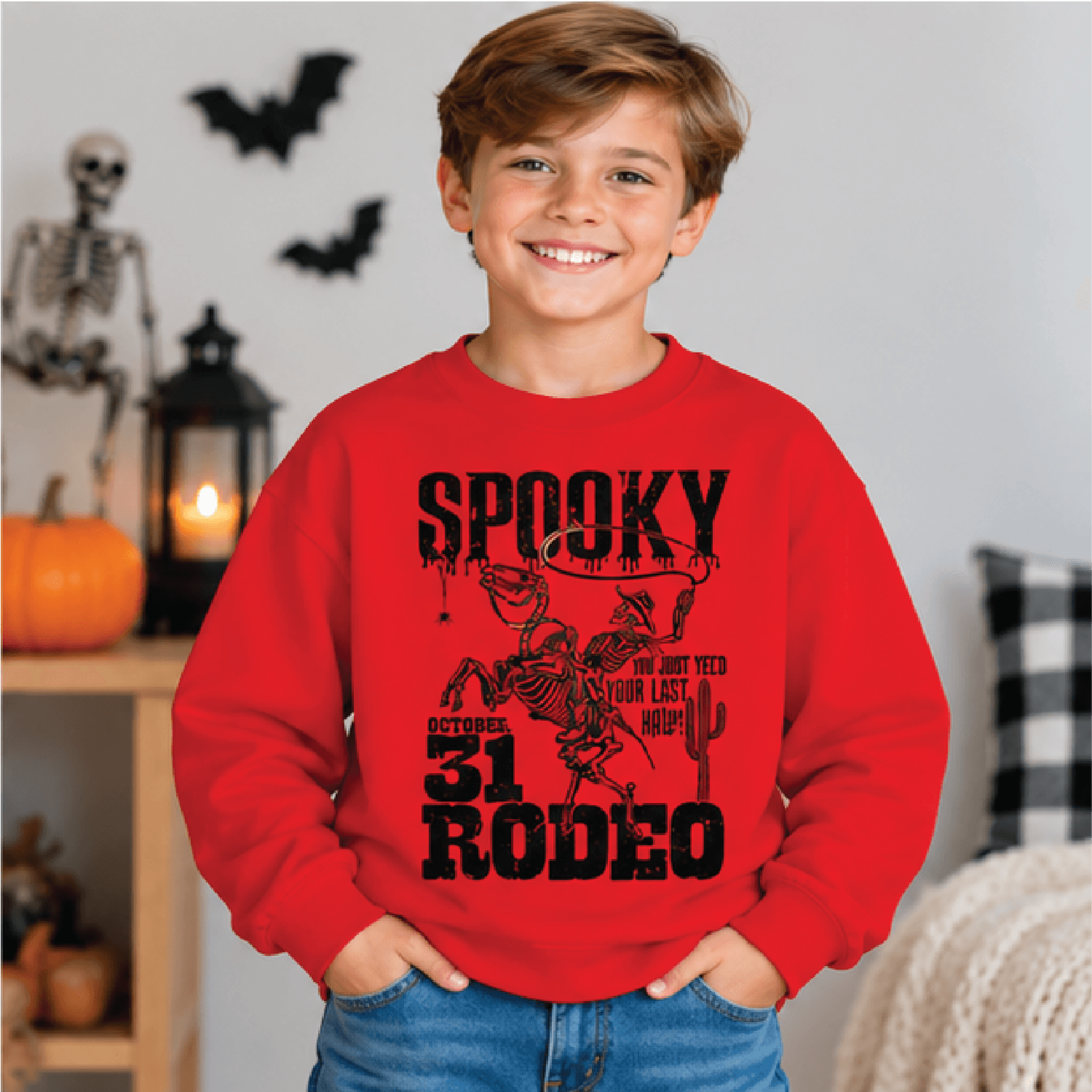 Spooky Rodeo Halloween Sweatshirt Kids Western Ghost Crewneck Youth Cowboy Halloween Sweater Retro  3