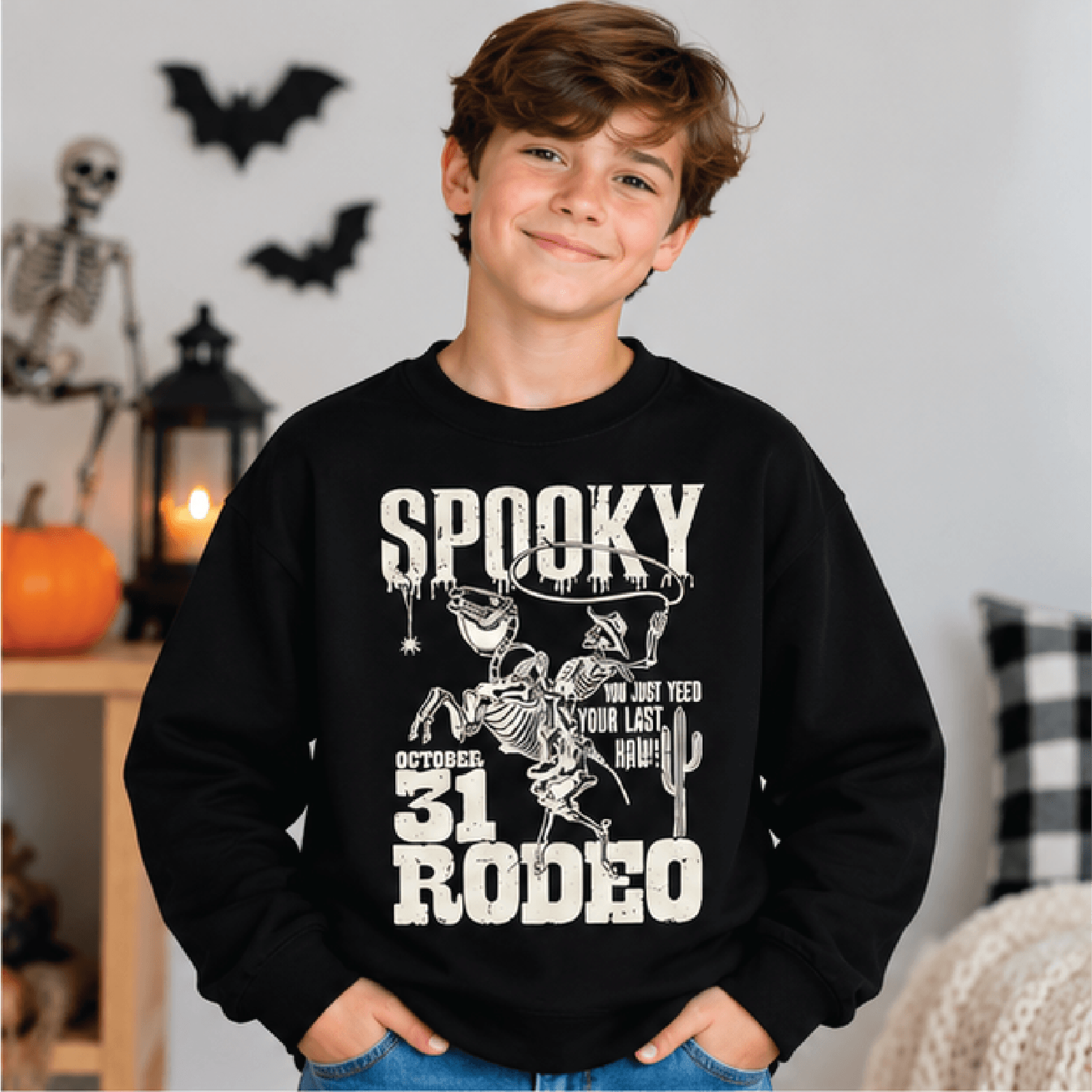 Spooky Rodeo Halloween Sweatshirt Kids Western Ghost Crewneck Youth Cowboy Halloween Sweater Retro  1