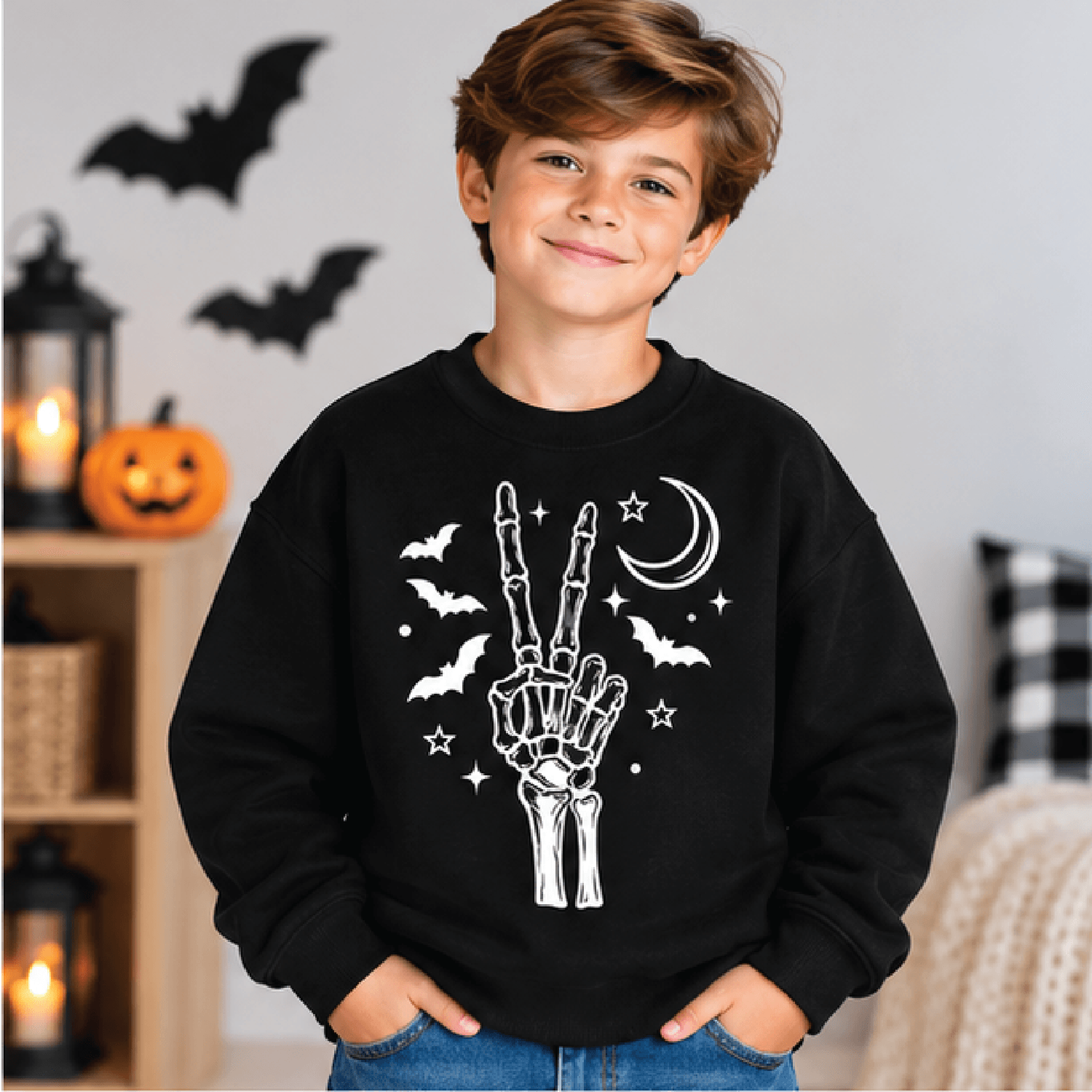 Peace Skeleton Halloween Sweatshirt Kids Spooky Crewneck Youth Skeleton Sweater Retro Peace Sign Ha 1