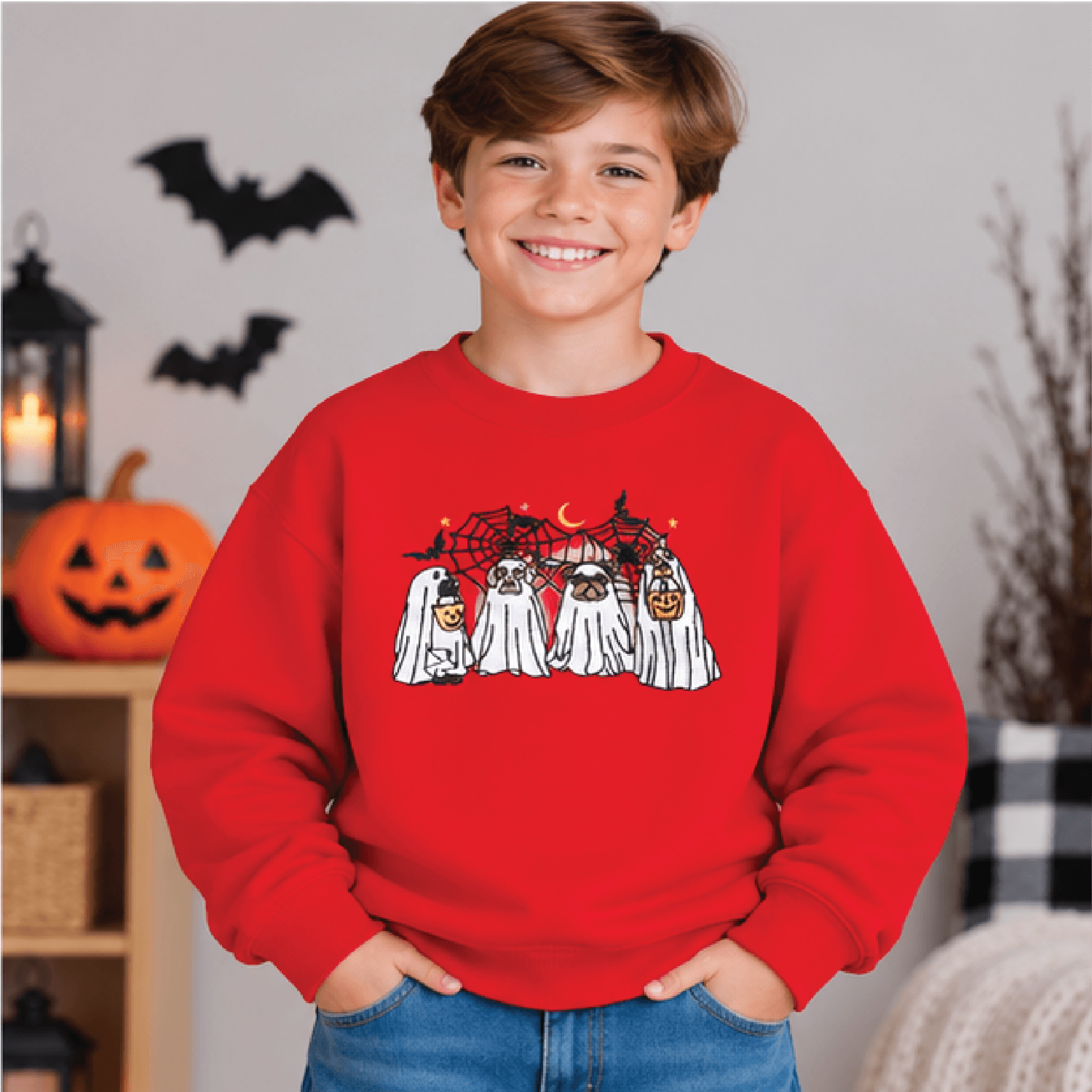 Trick Or Treat Pups Halloween Sweatshirt Kids Spooky Dog Crewneck Youth Puppy Halloween Sweater Cut 3