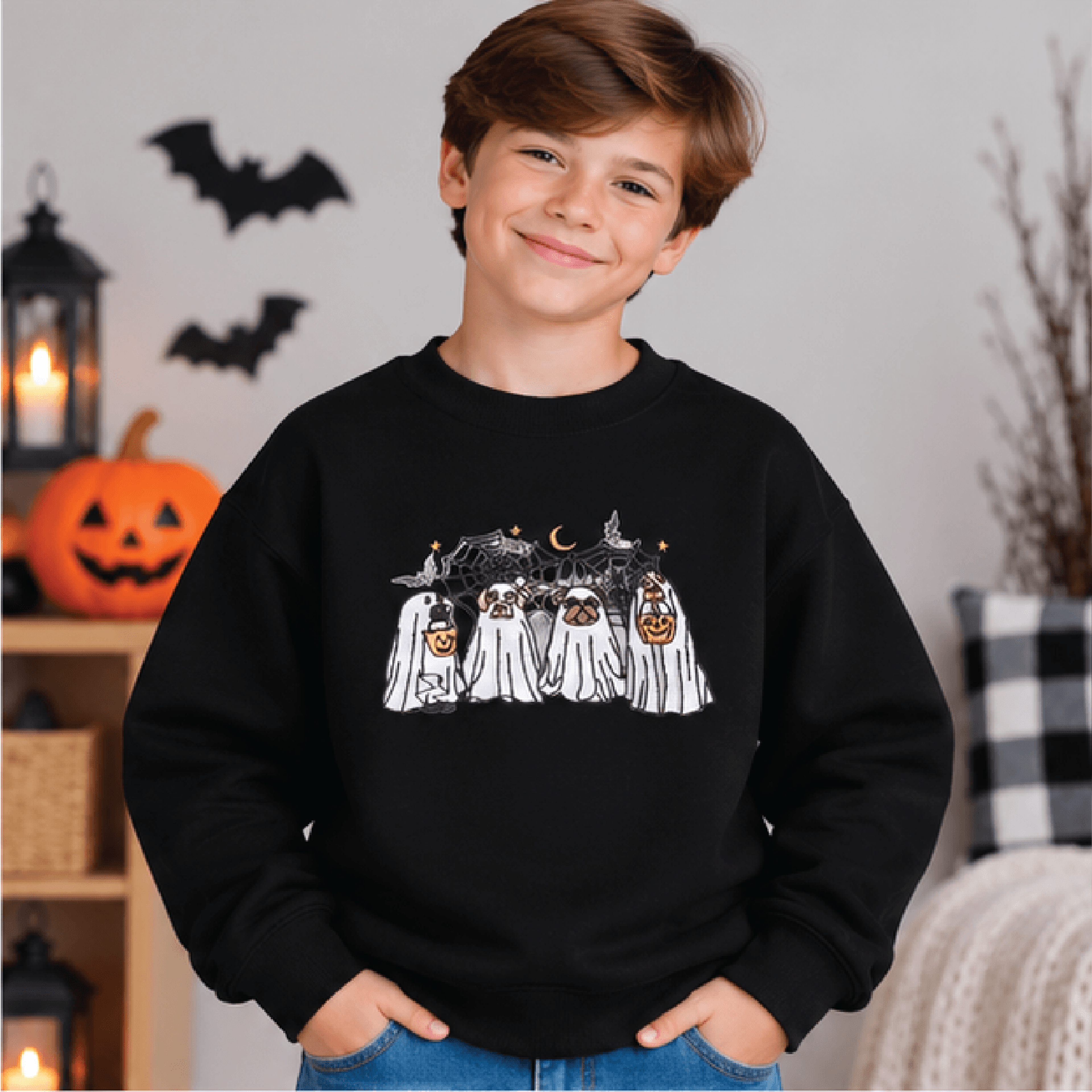 Trick Or Treat Pups Halloween Sweatshirt Kids Spooky Dog Crewneck Youth Puppy Halloween Sweater Cut 1