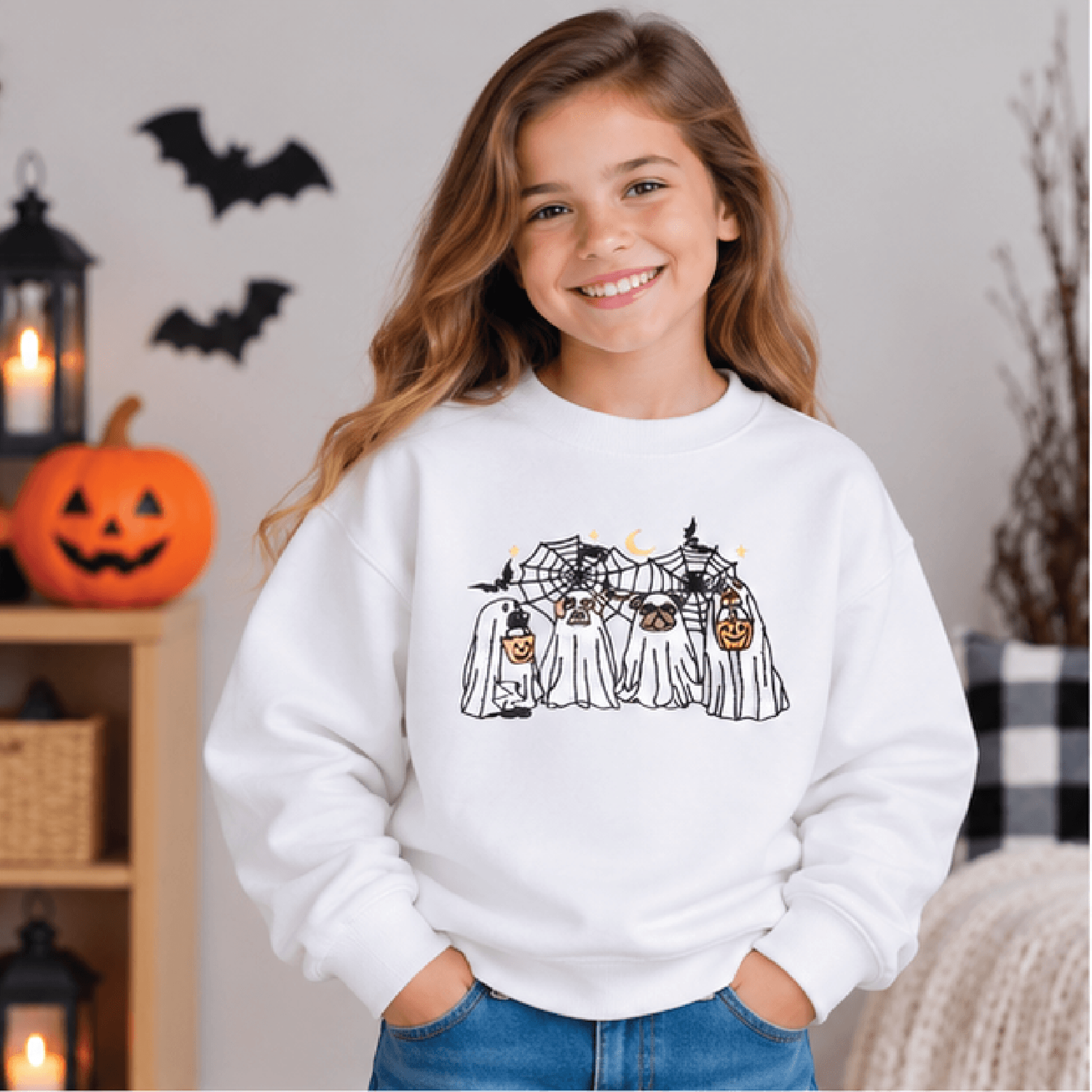 trick or treat pups halloween sweatshirt, kids spooky dog crewneck, youth puppy halloween sweater, cute fall dog lover g