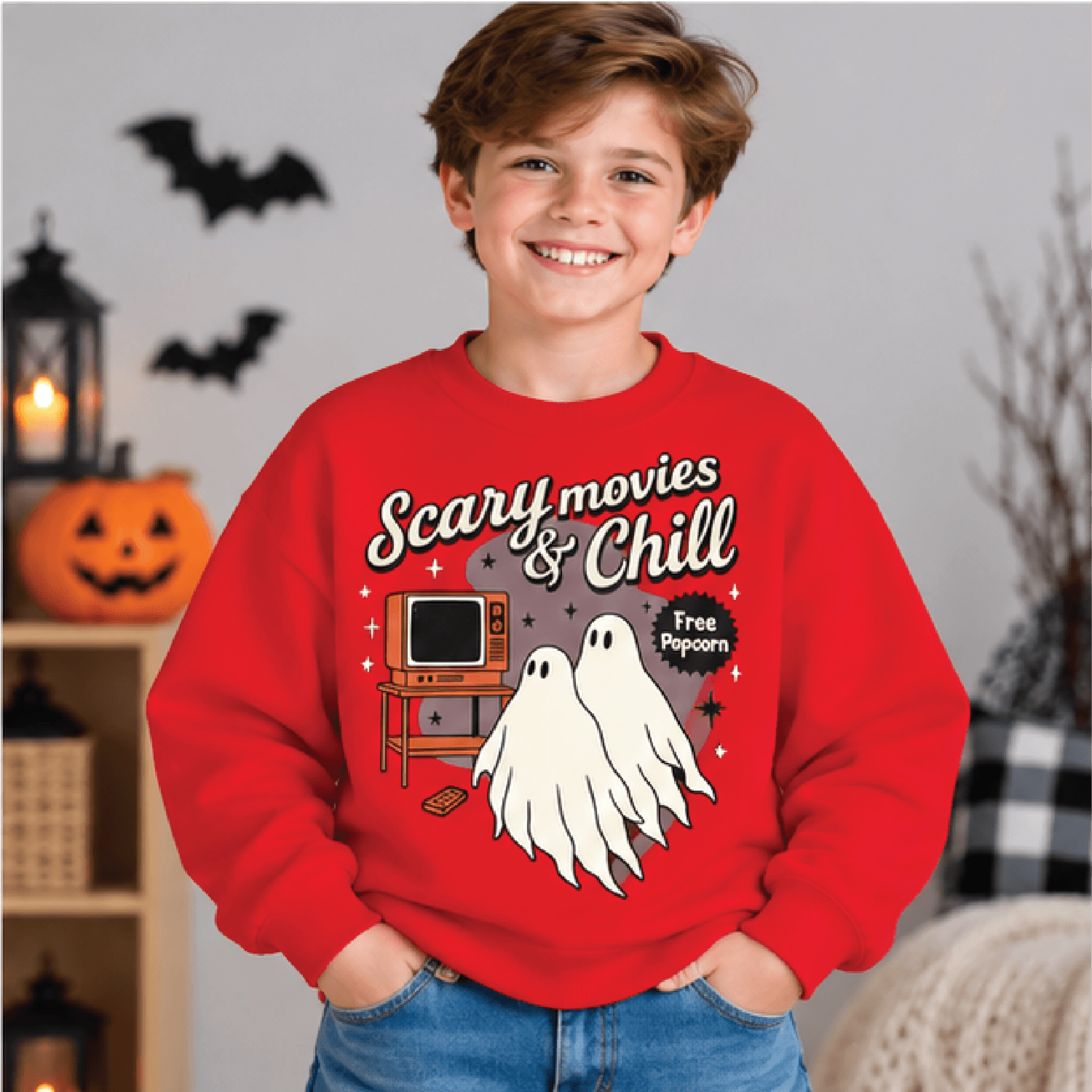 Scary Movies  Chill Sweatshirt Kids Halloween Ghost Crewneck Youth Spooky Movie Night Sweater Cute  3