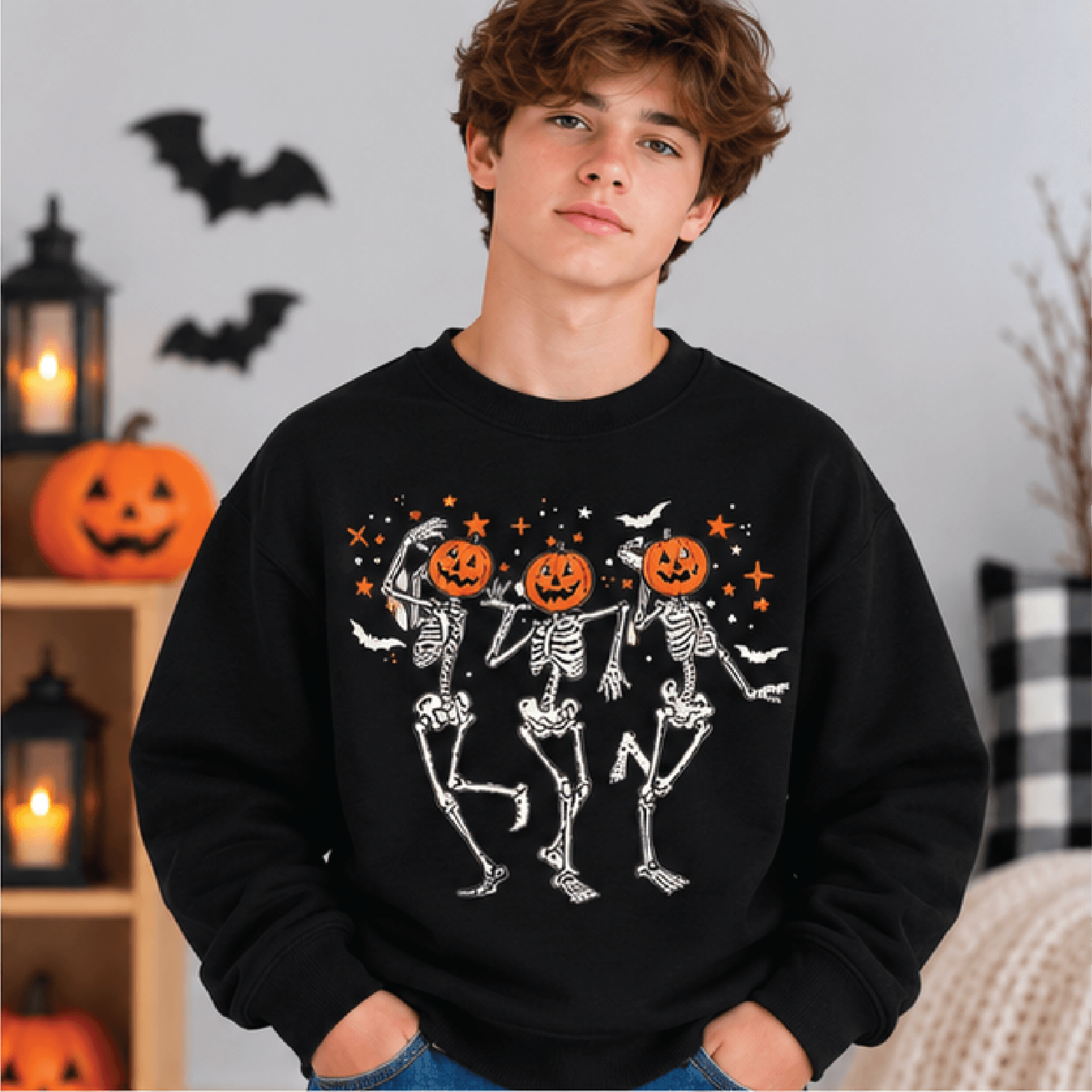 Pumpkin Head Dancing Skeletons Sweatshirt Kids Halloween Crewneck Youth Spooky Skeleton Sweater Ret 1