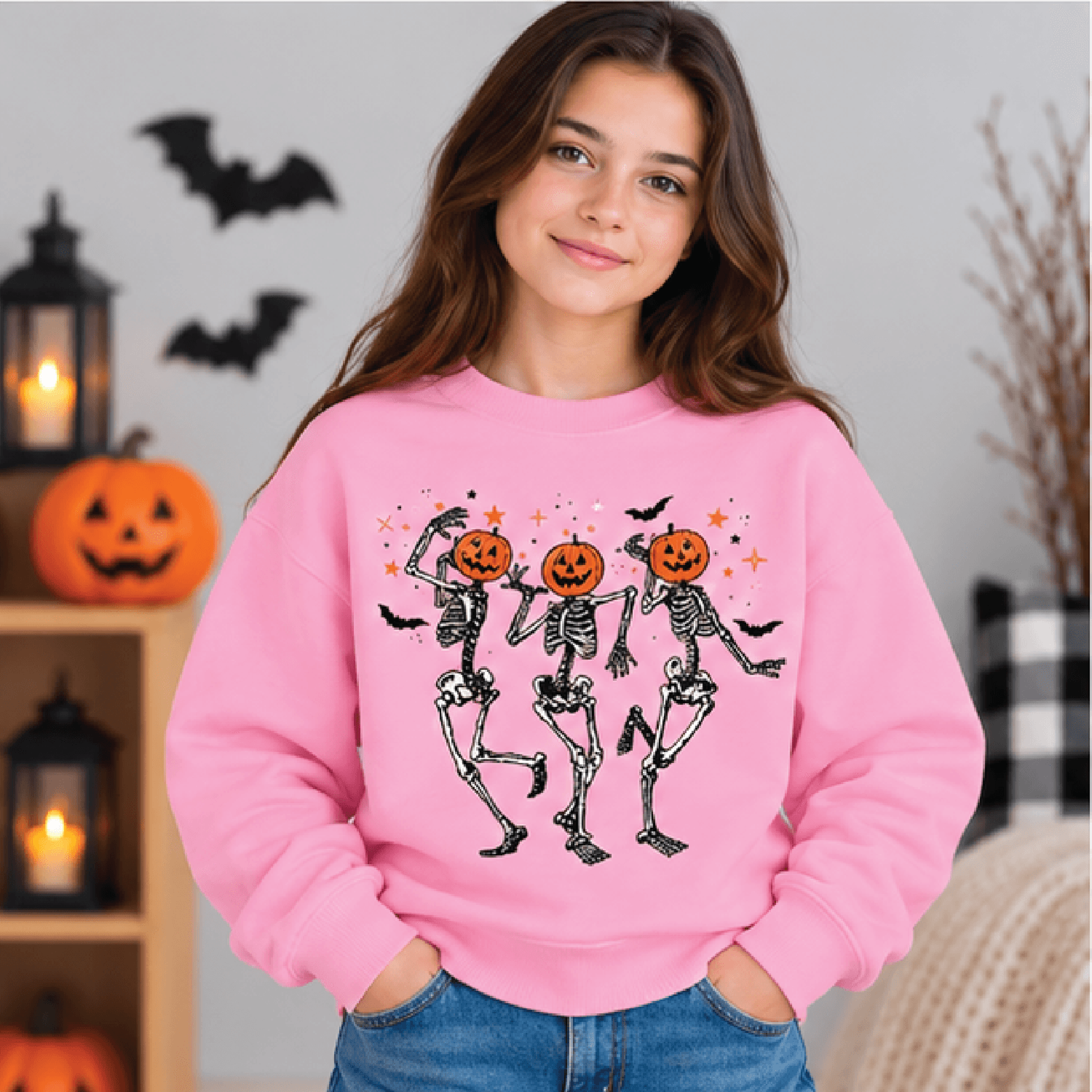 Pumpkin Head Dancing Skeletons Sweatshirt Kids Halloween Crewneck Youth Spooky Skeleton Sweater Ret 2
