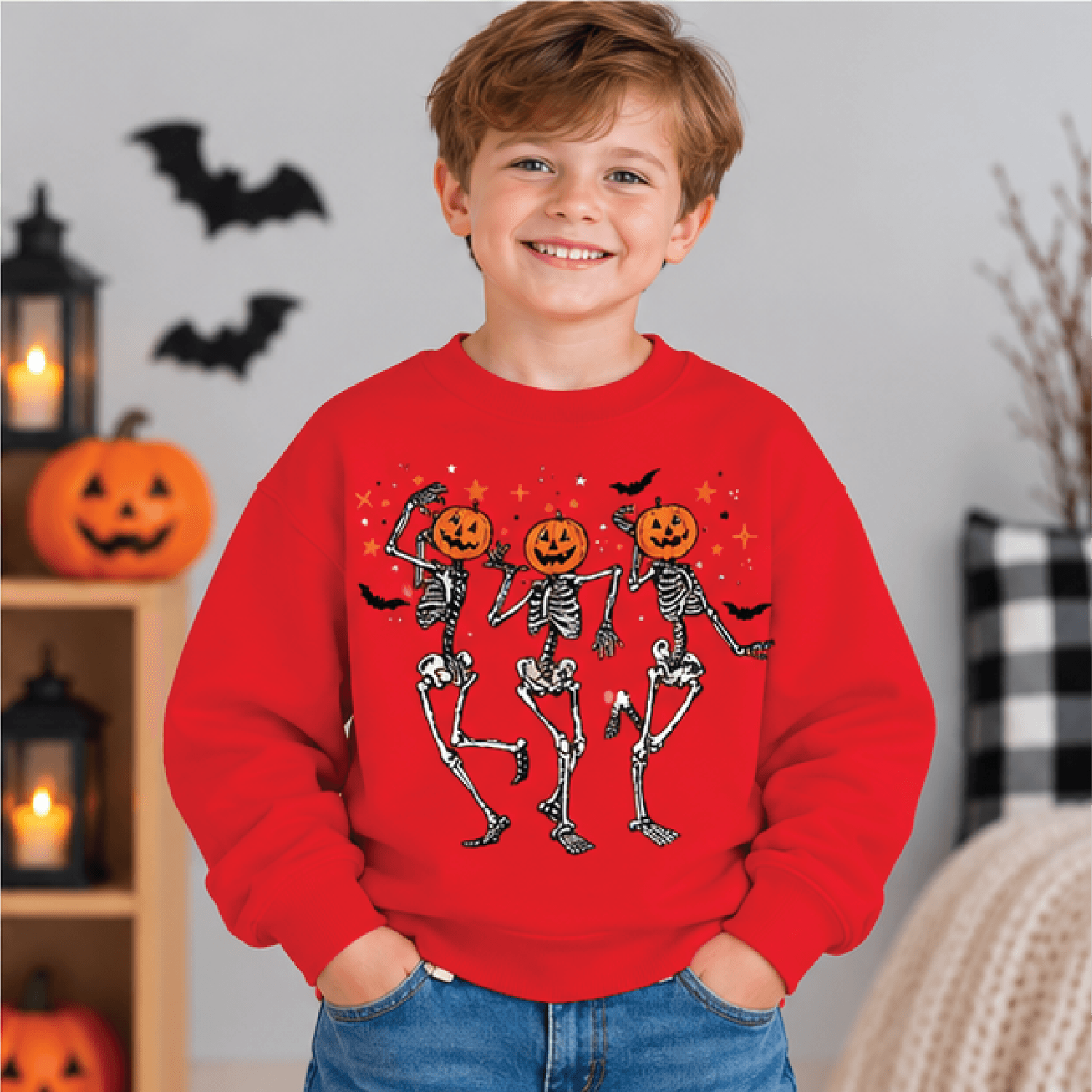 Pumpkin Head Dancing Skeletons Sweatshirt Kids Halloween Crewneck Youth Spooky Skeleton Sweater Ret 3