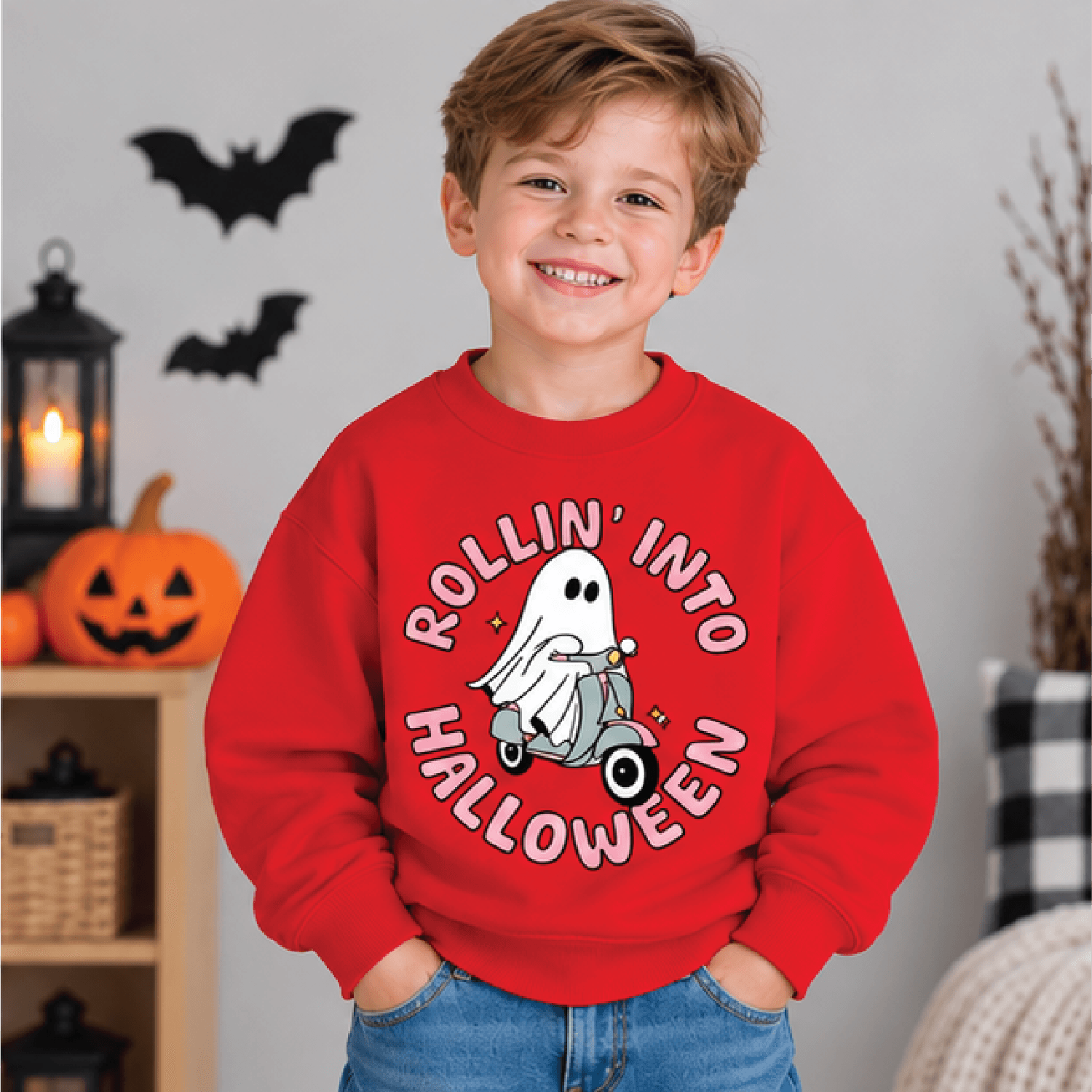 Rollin Into Halloween Sweatshirt Kids Ghost Scooter Crewneck Youth Spooky Season Sweater Cute Trick 3