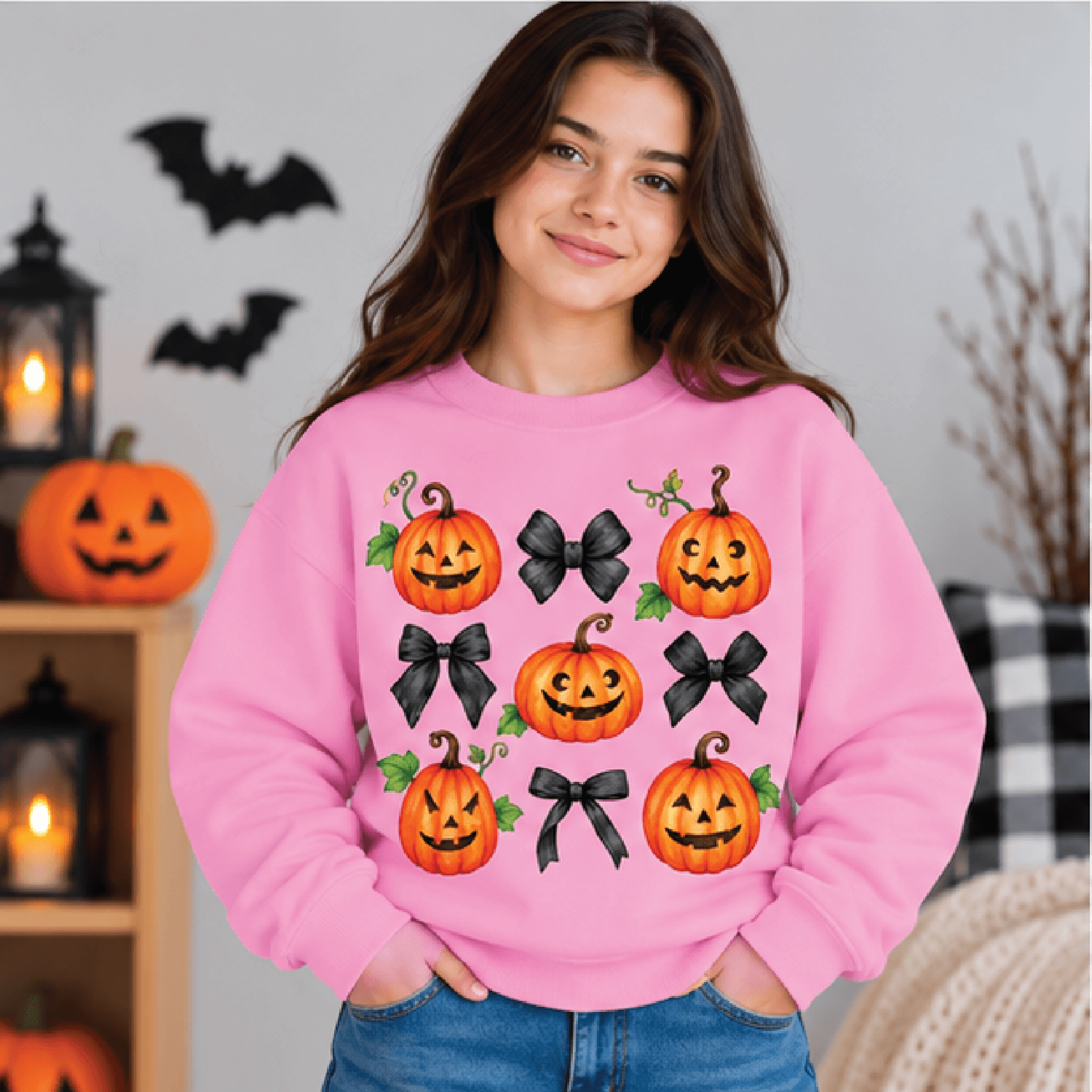 Pumpkins N Bows Halloween Sweatshirt Kids Jack O Lantern Crewneck Youth Pumpkin Bow Sweater Cute Sp 2