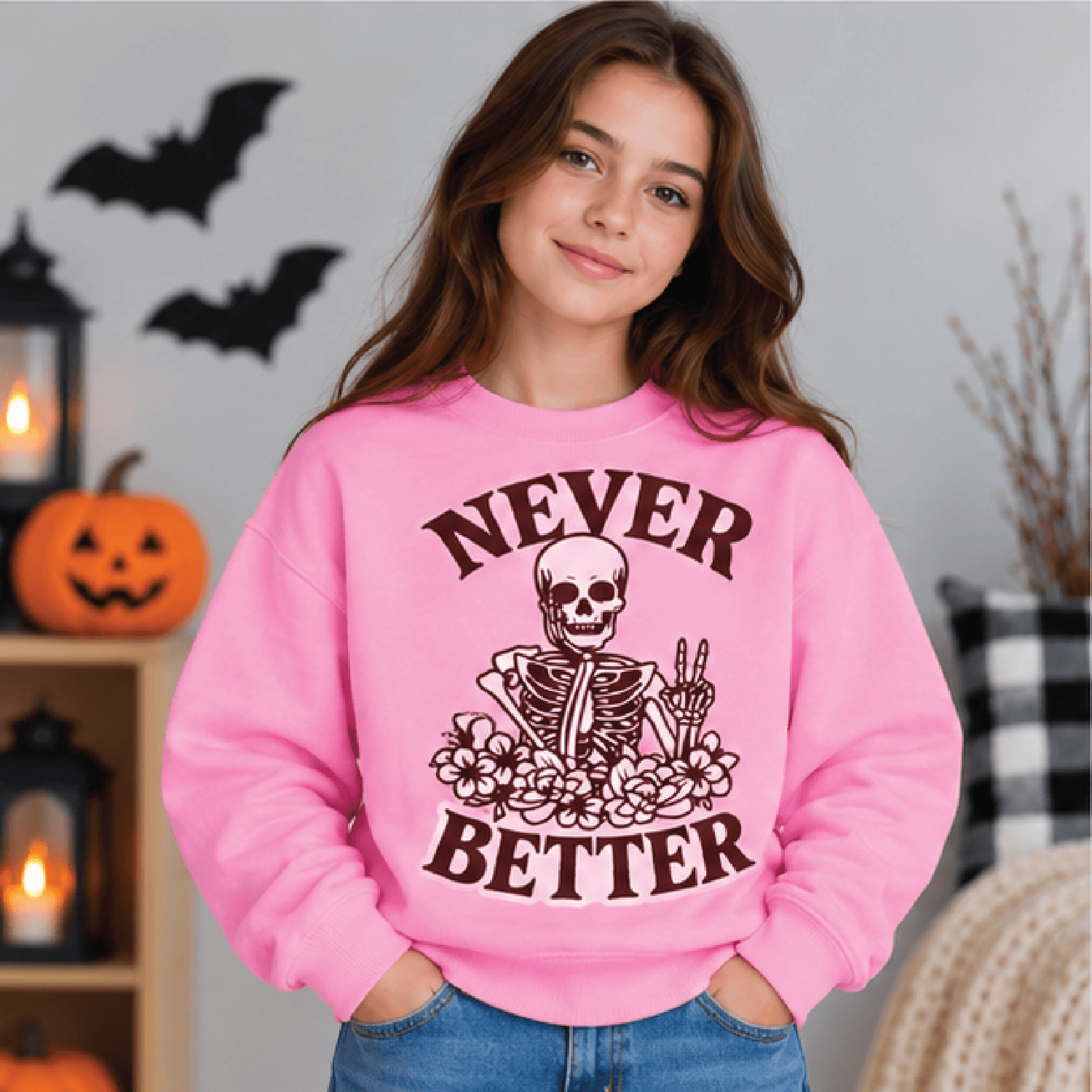 Never Better Skeleton Halloween Sweatshirt Kids Youth Unisex Spooky Skelly Crewneck Floral Skeleton 2