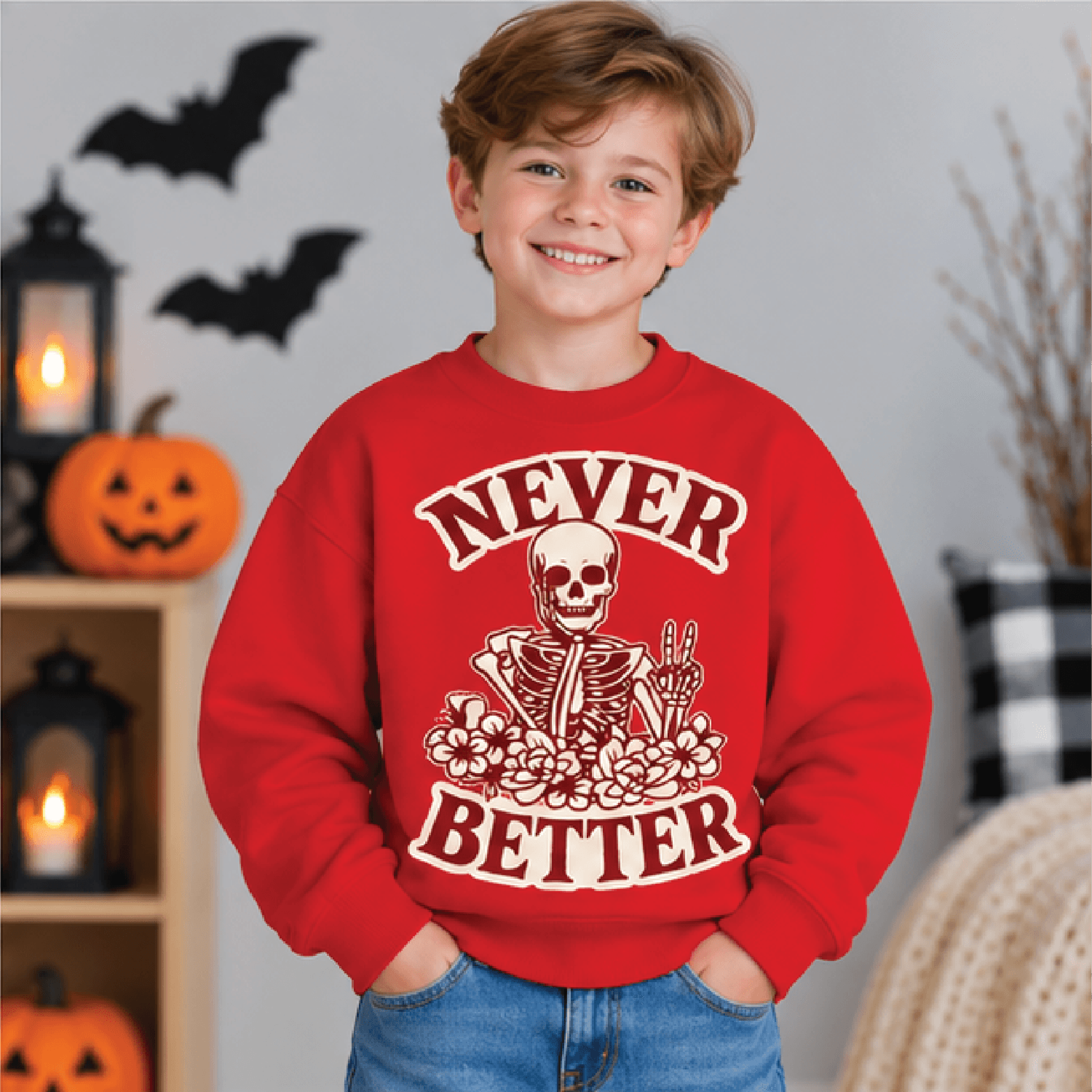 Never Better Skeleton Halloween Sweatshirt Kids Youth Unisex Spooky Skelly Crewneck Floral Skeleton 3