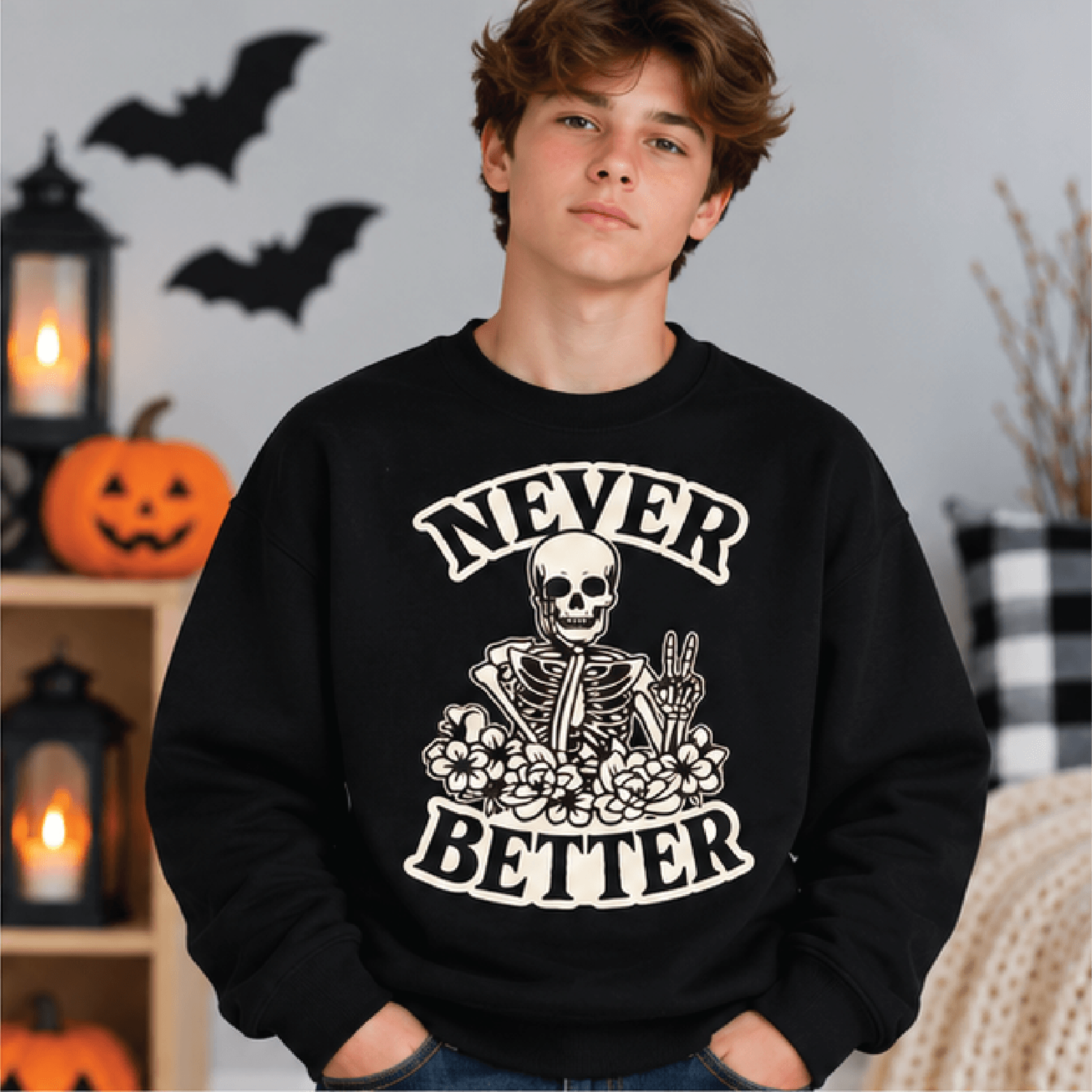 Never Better Skeleton Halloween Sweatshirt Kids Youth Unisex Spooky Skelly Crewneck Floral Skeleton 1
