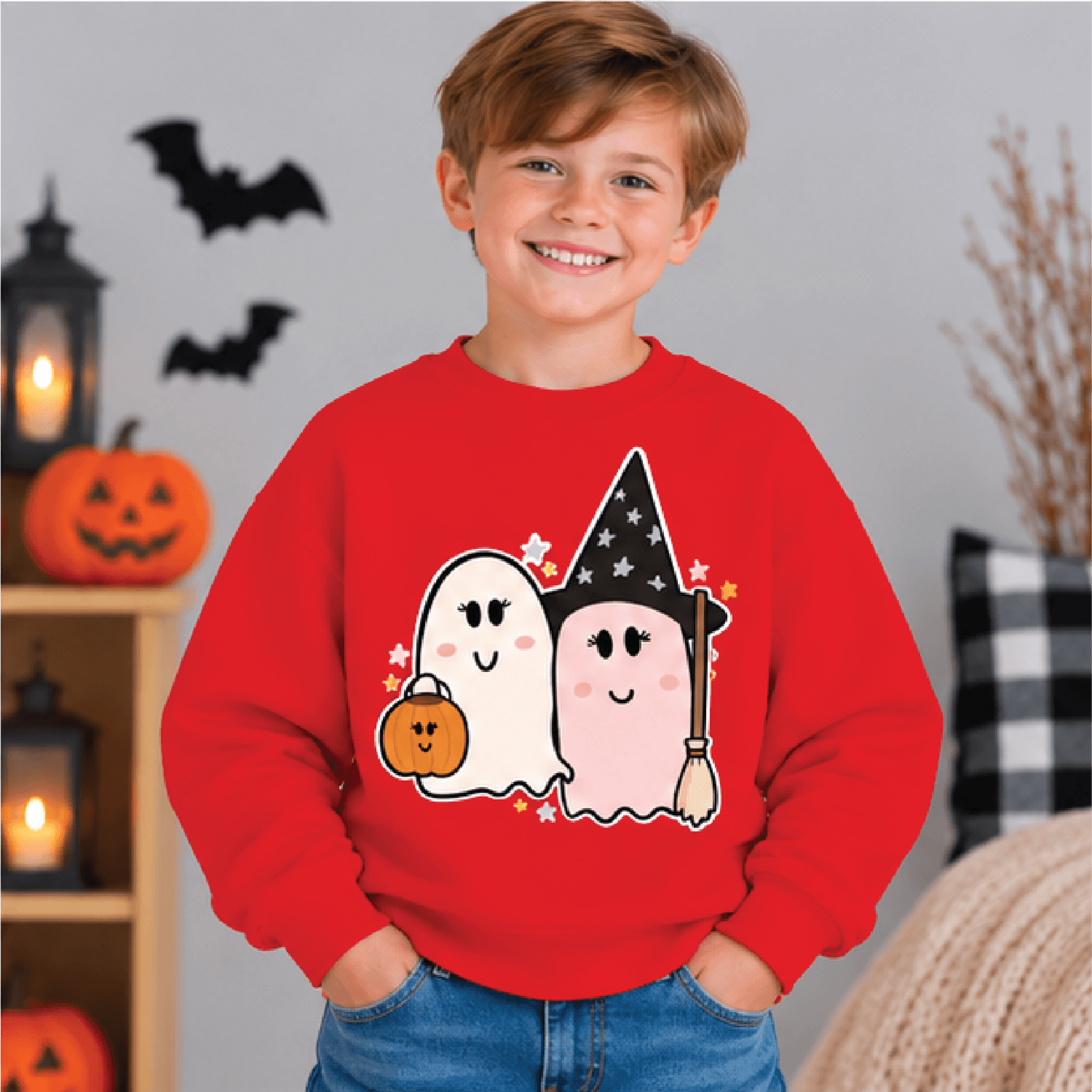 Ghosty Girls Halloween Sweatshirt Kids Youth Unisex Cute Ghost Crewneck Witch Ghost Pumpkin Sweater