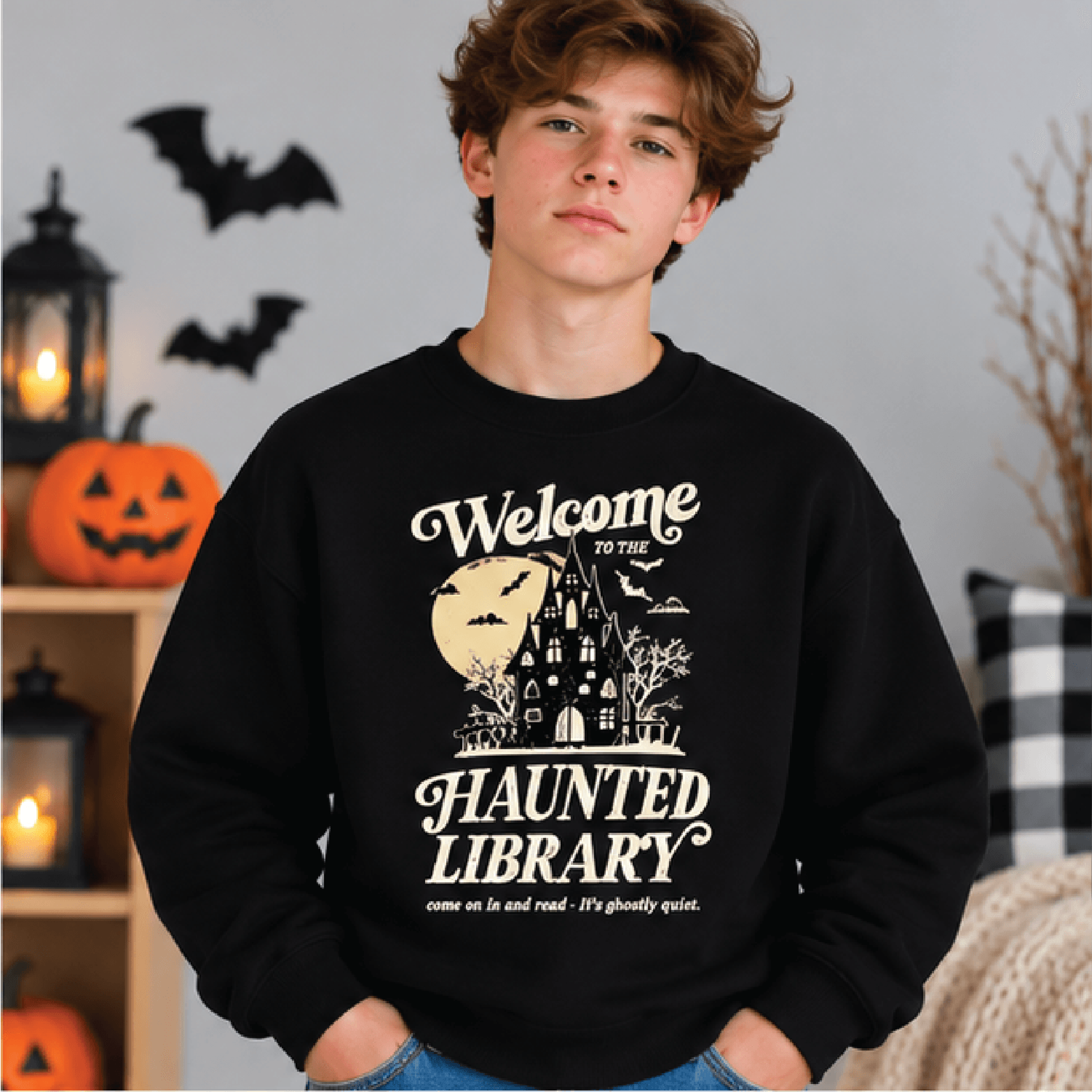 Haunted Library Halloween Sweatshirt Kids Youth Unisex Spooky Book Crewneck Haunted House Reading S