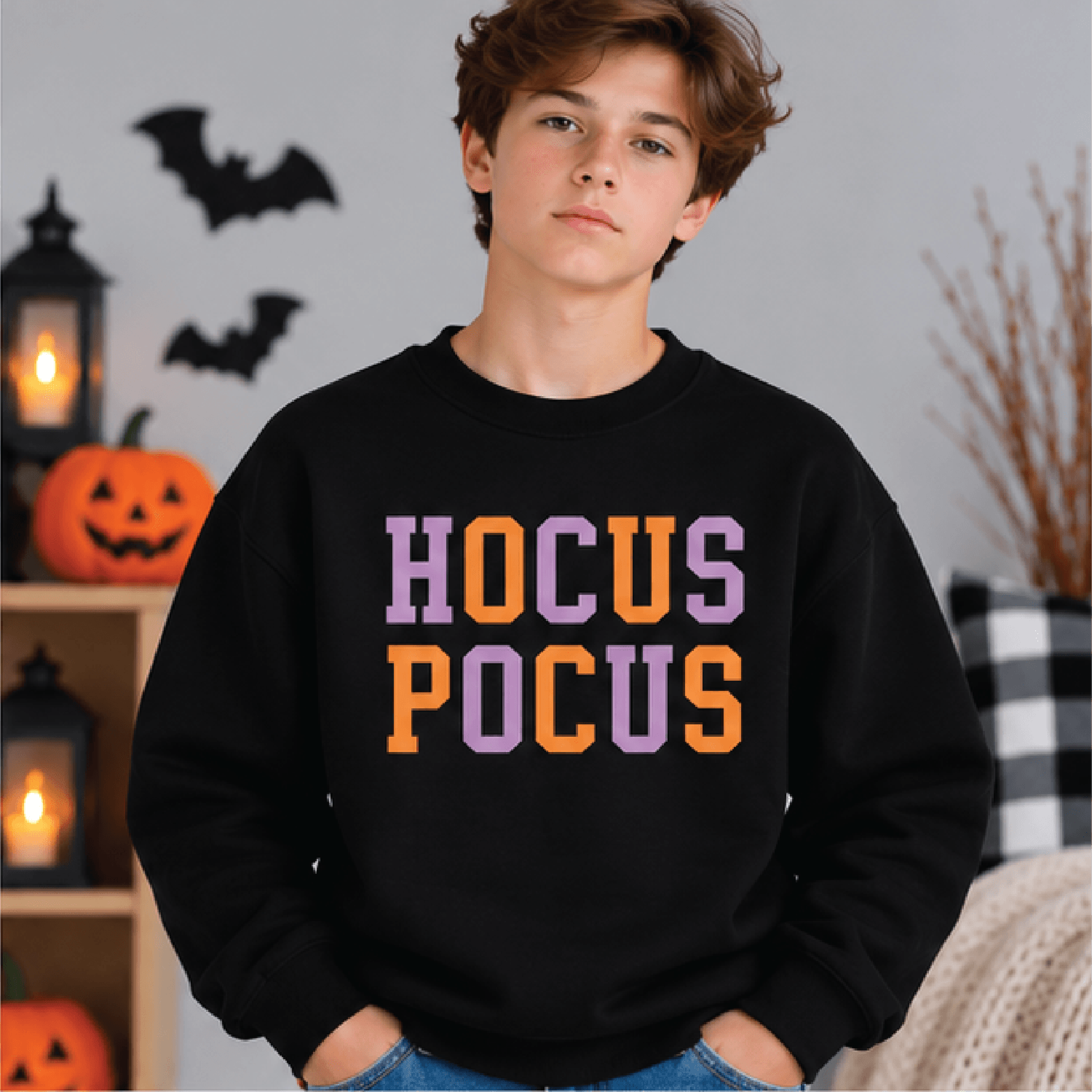 Hocus Pocus Halloween Sweatshirt Kids Youth Unisex Spooky Crewneck Orange Purple Witchy Sweater Tri 1