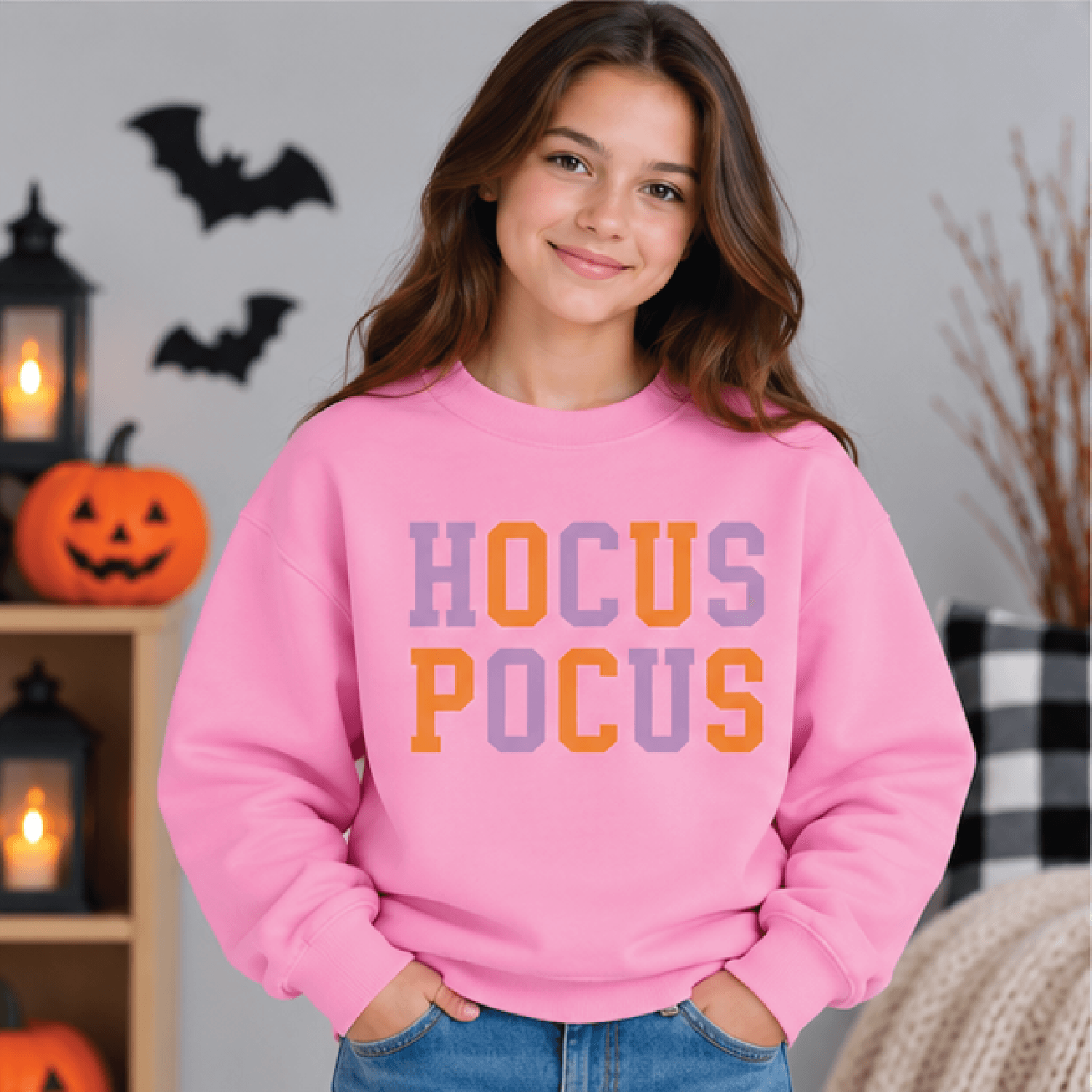 Hocus Pocus Halloween Sweatshirt Kids Youth Unisex Spooky Crewneck Orange Purple Witchy Sweater Tri 2