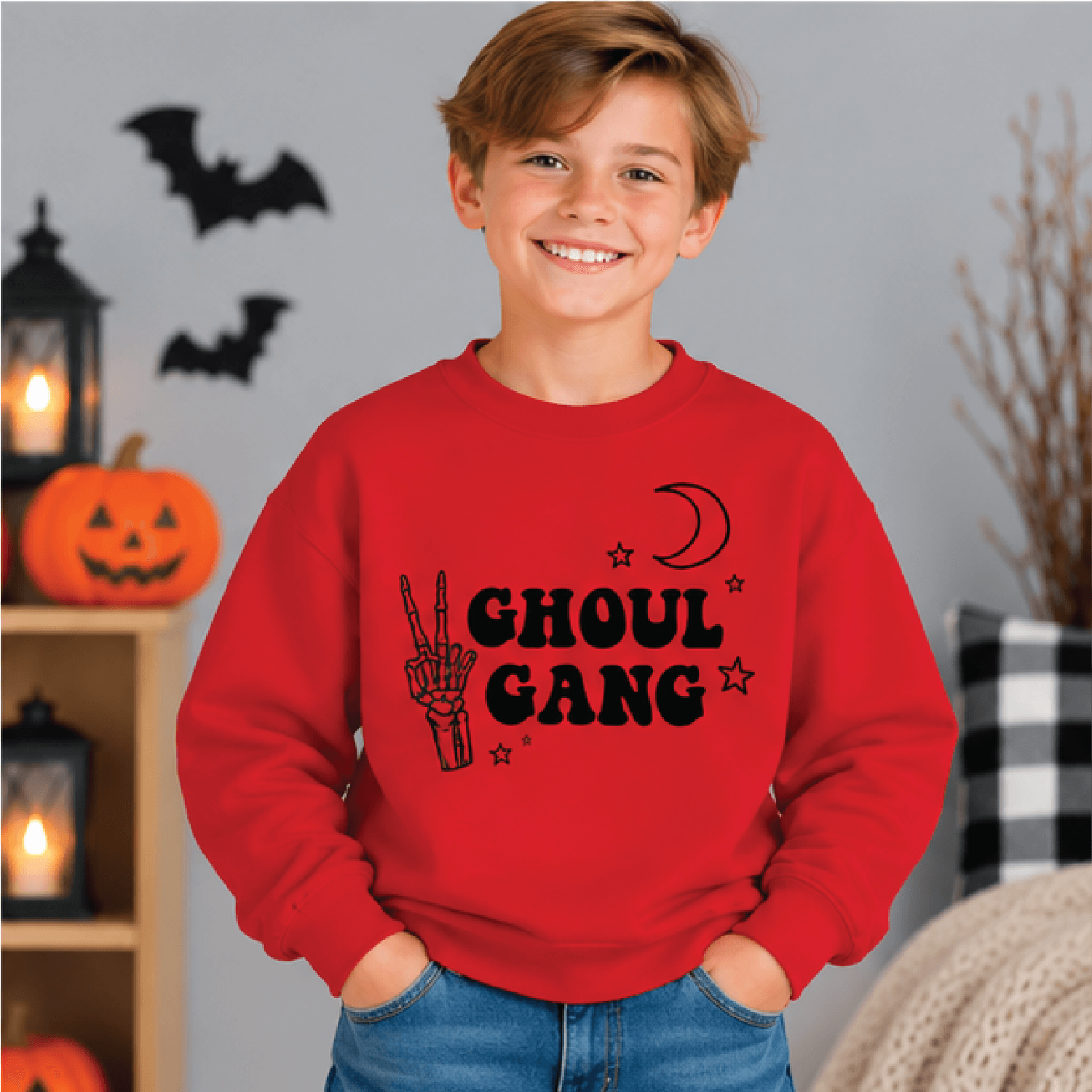 Ghoul Gang Halloween Sweatshirt Kids Youth Unisex Skeleton Crewneck Spooky Peace Sign Moon Stars Sw 3