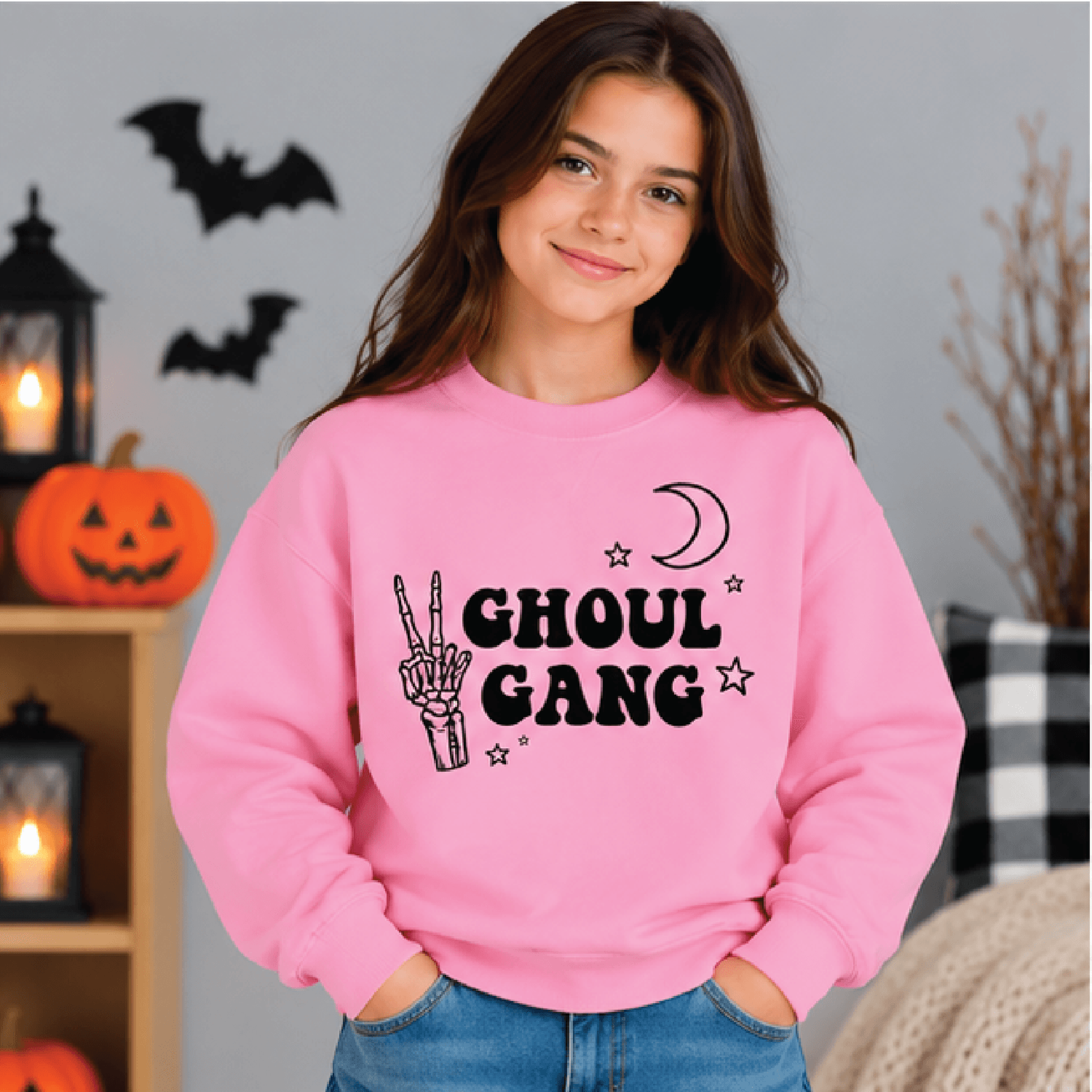 Ghoul Gang Halloween Sweatshirt Kids Youth Unisex Skeleton Crewneck Spooky Peace Sign Moon Stars Sw 2