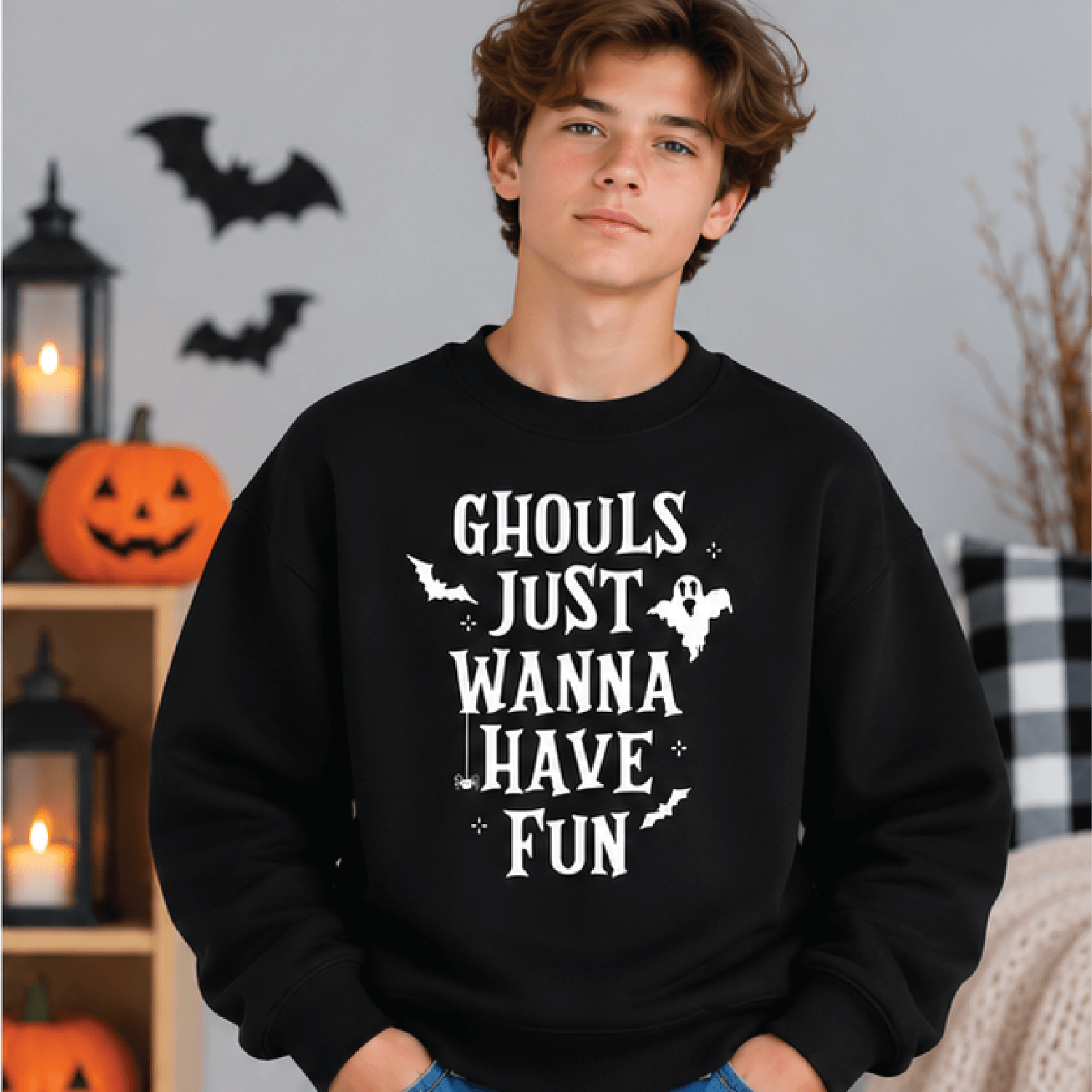 Ghouls Just Wanna Have Fun Sweatshirt Kids Youth Unisex Halloween Crewneck Cute Ghost Bat Spooky Se 1