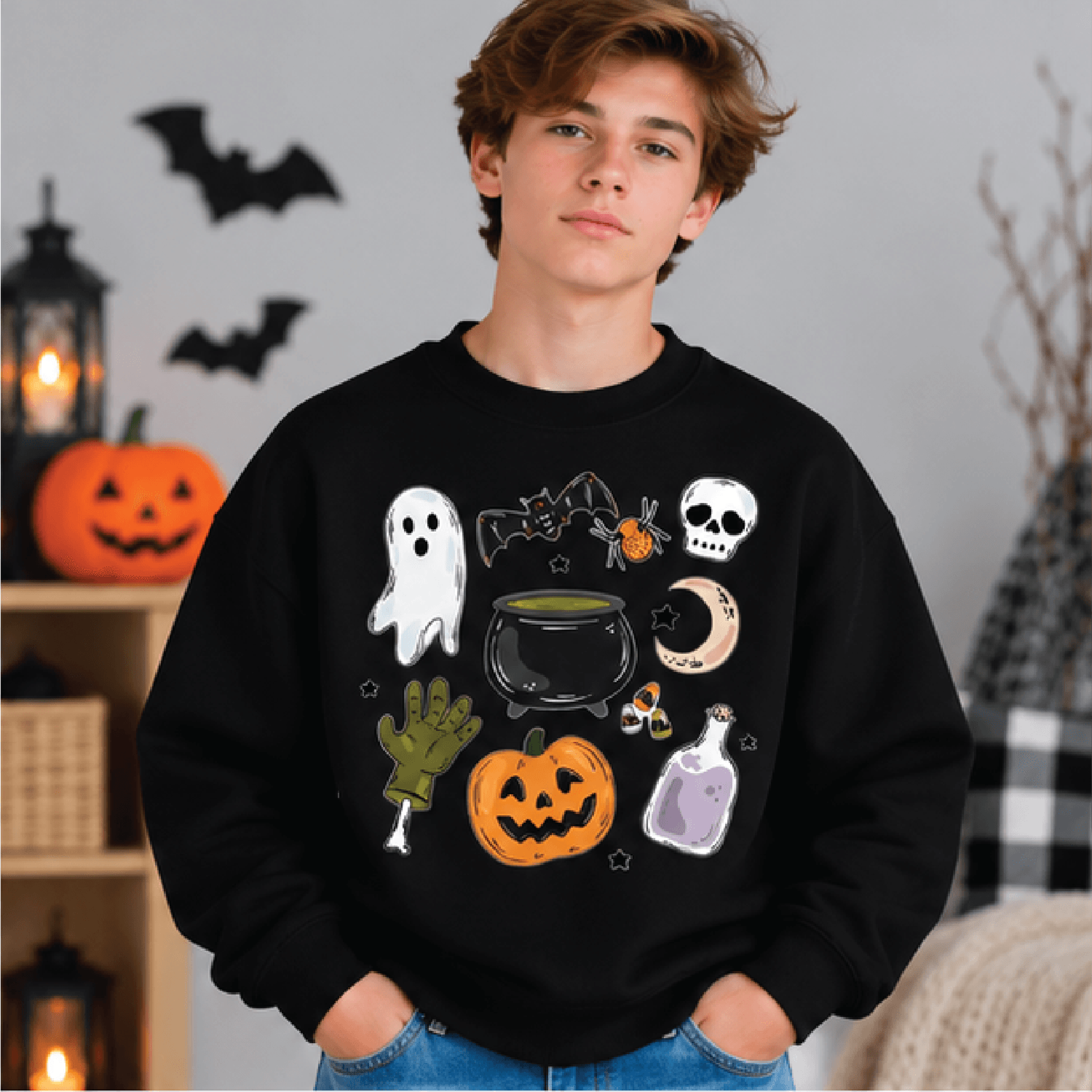 Halloween Things Sweatshirt Kids Youth Unisex Spooky Crewneck Ghost Pumpkin Skull Bat Halloween Swe 1