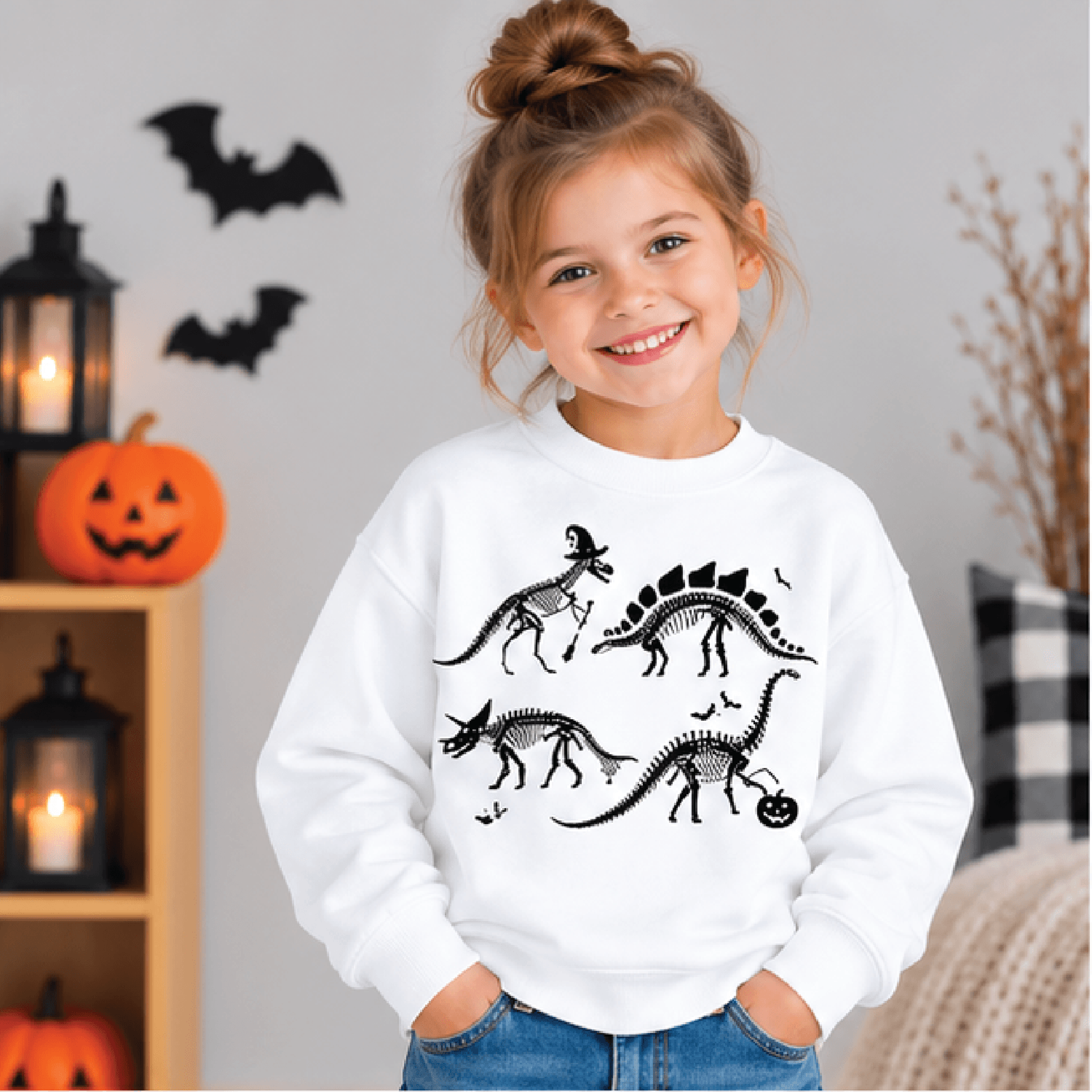 dinosaur skeleton halloween sweatshirt, kids youth unisex dino crewneck, t rex triceratops spooky fall sweater gift