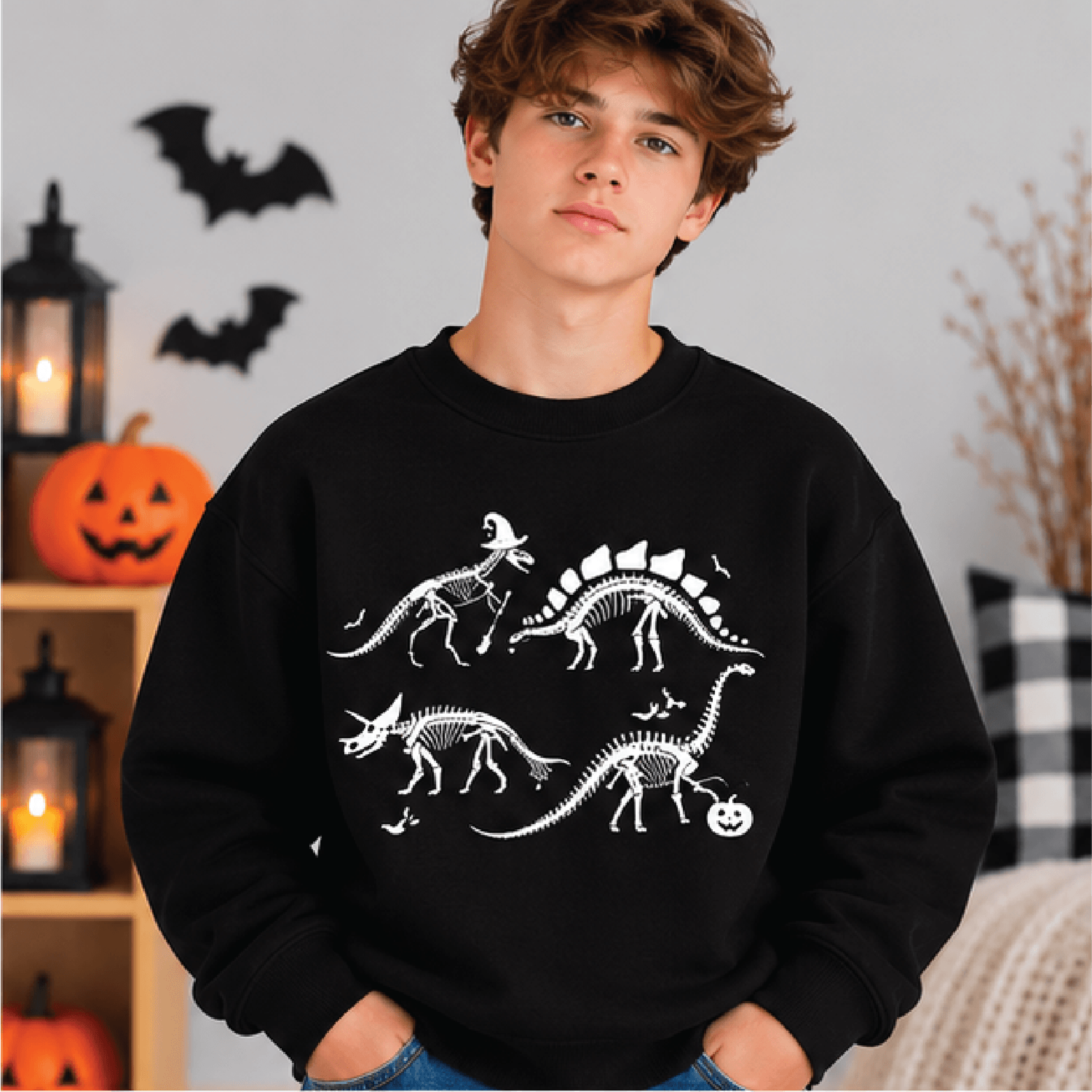 Dinosaur Skeleton Halloween Sweatshirt Kids Youth Unisex Dino Crewneck T Rex Triceratops Spooky Fal 1
