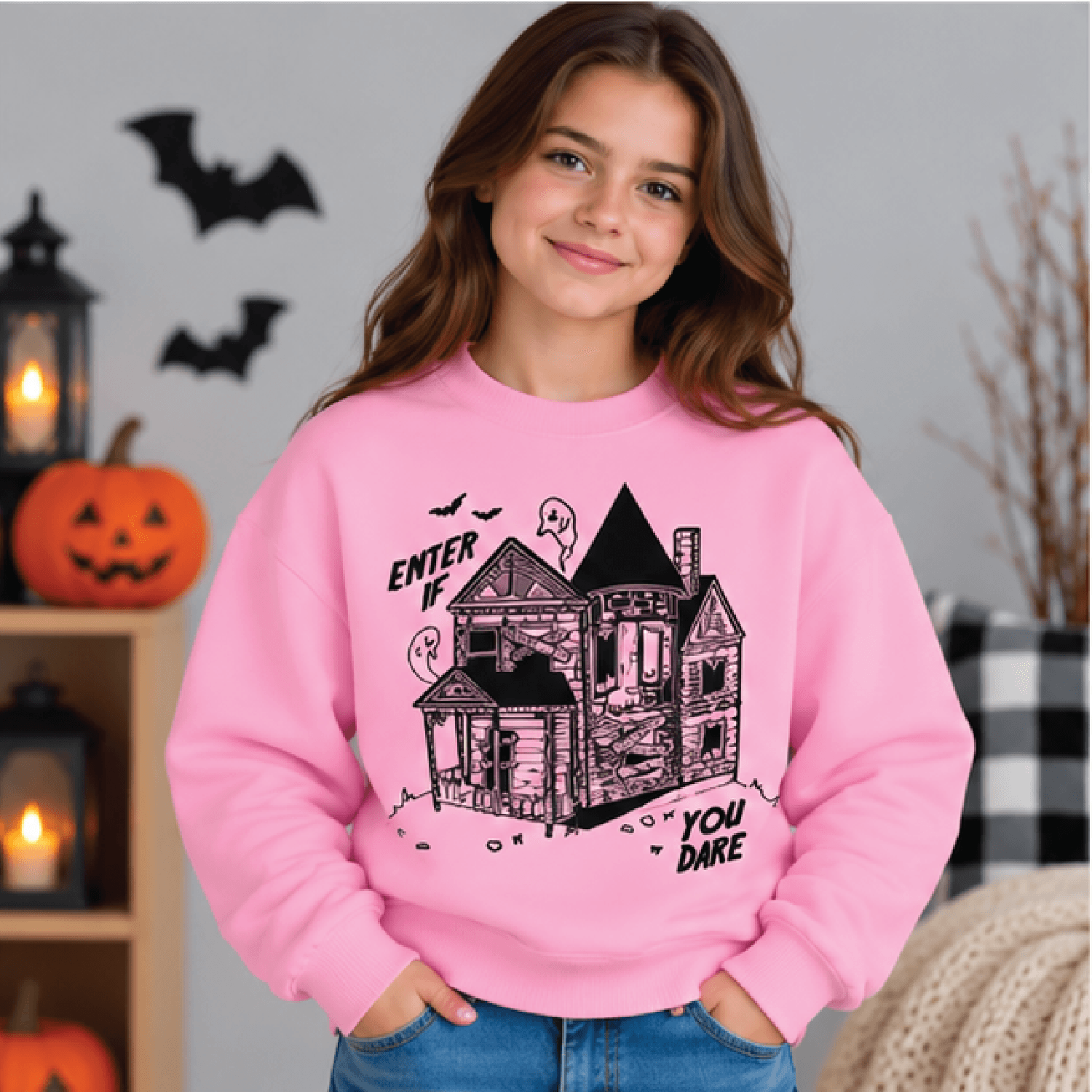 Enter If You Dare Halloween Sweatshirt Kids Youth Unisex Haunted House Crewneck Spooky Ghost Bat Fa 2