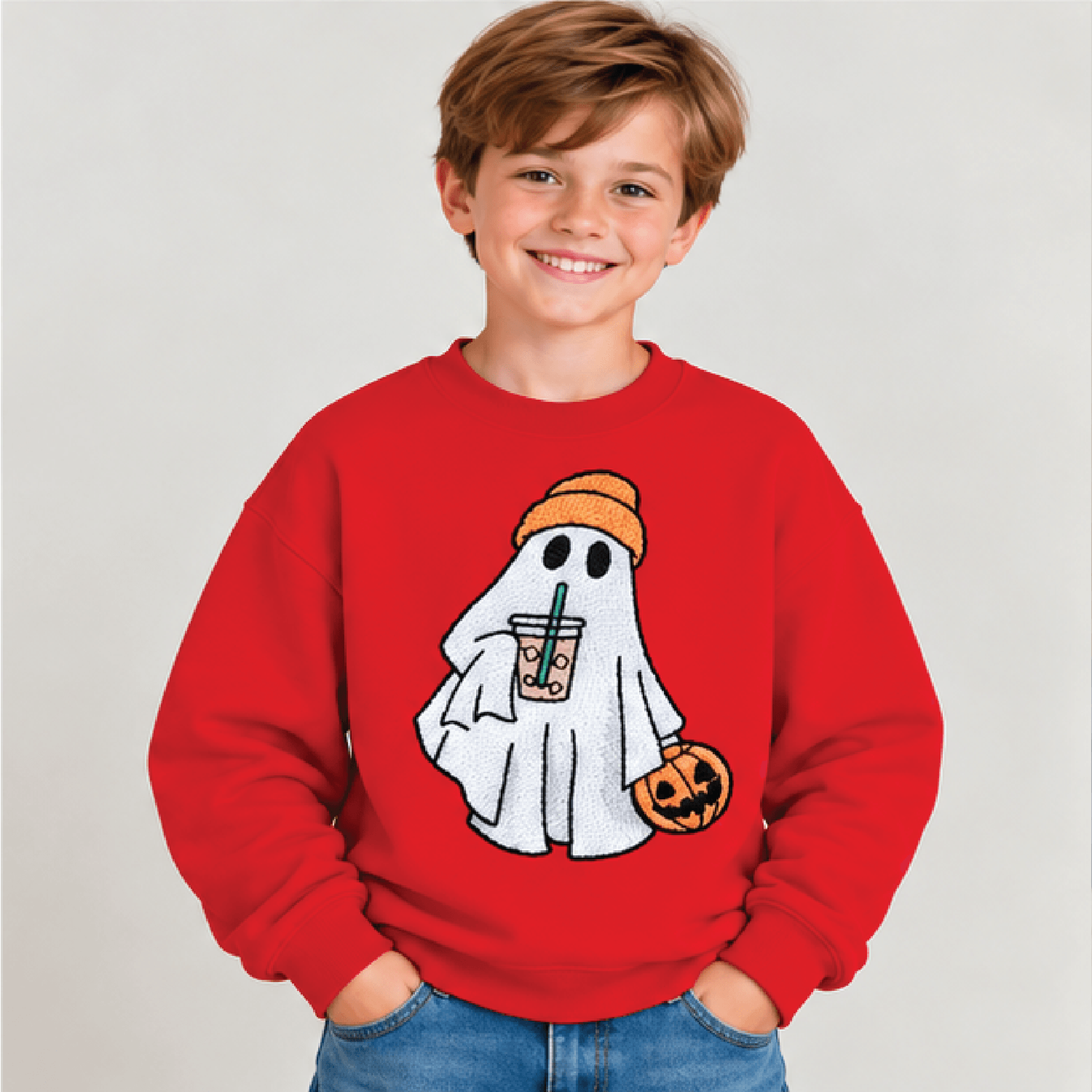 Cute Ghost Halloween Sweatshirt Kids Youth Unisex Embroidered Ghost Crewneck Pumpkin Coffee Spooky  3
