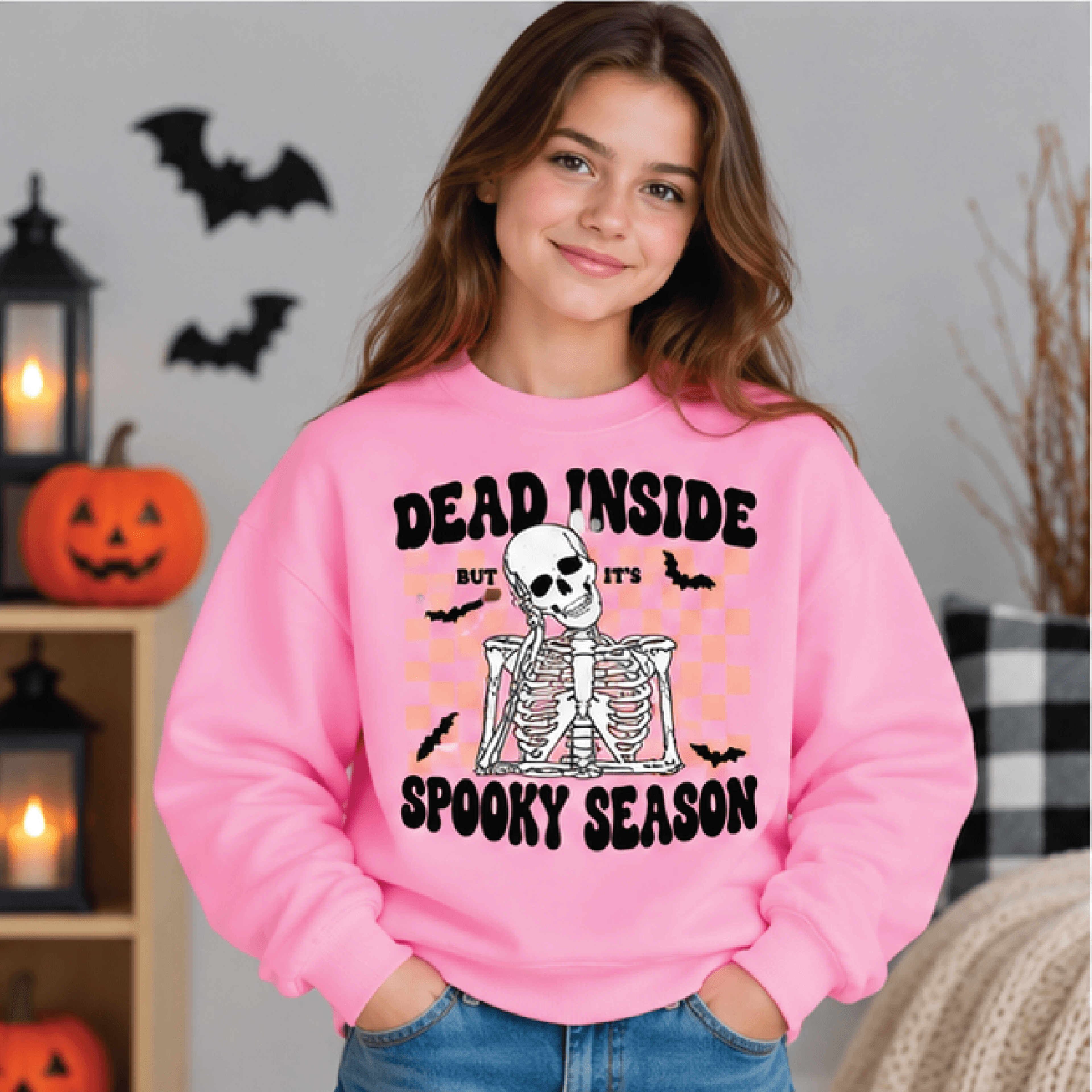 Dead Inside But Its Spooky Season Sweatshirt Kids Youth Unisex Skeleton Crewneck Funny Halloween Fa 2