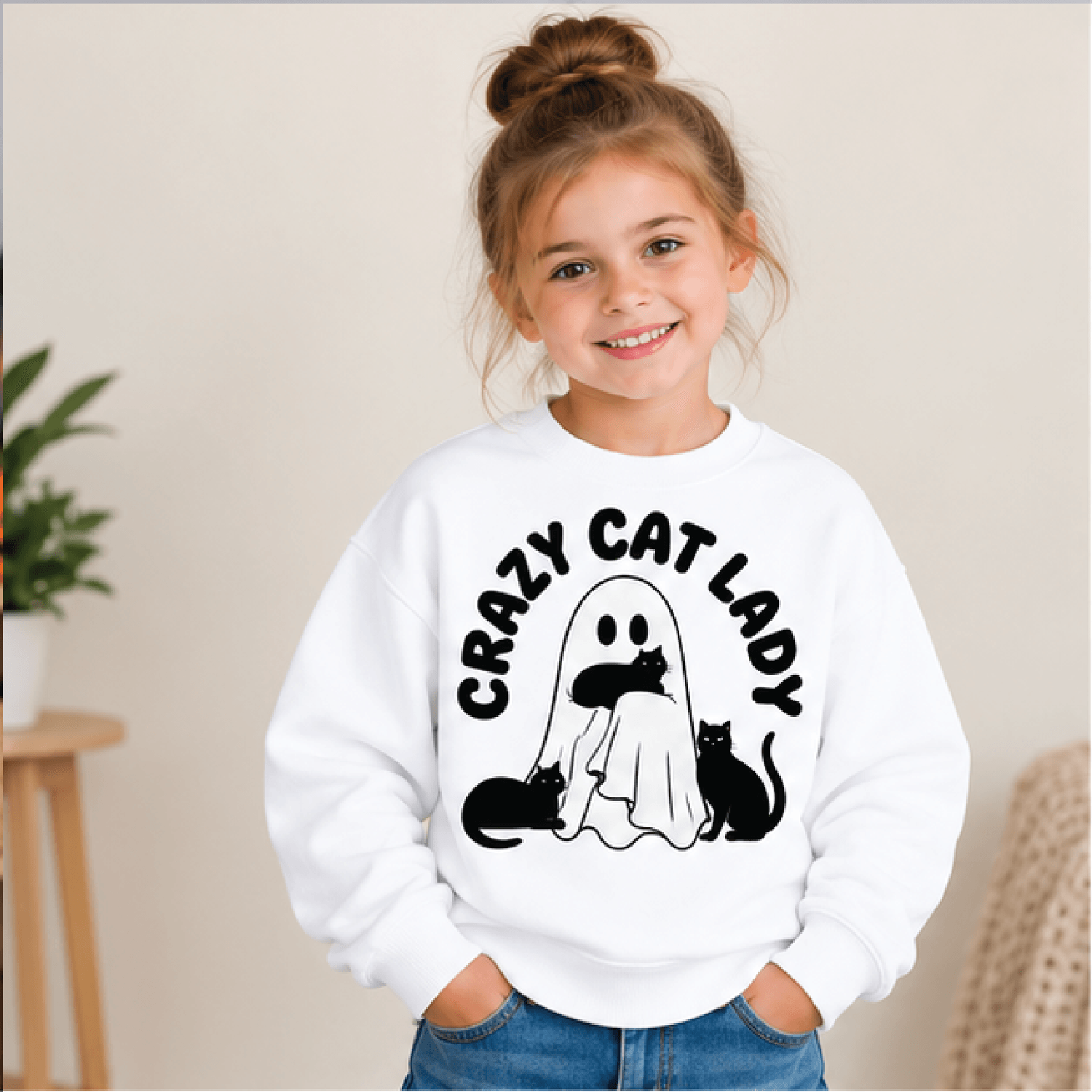 crazy cat lady halloween sweatshirt, kids youth unisex ghost cat crewneck, funny black cat spooky season sweater gift