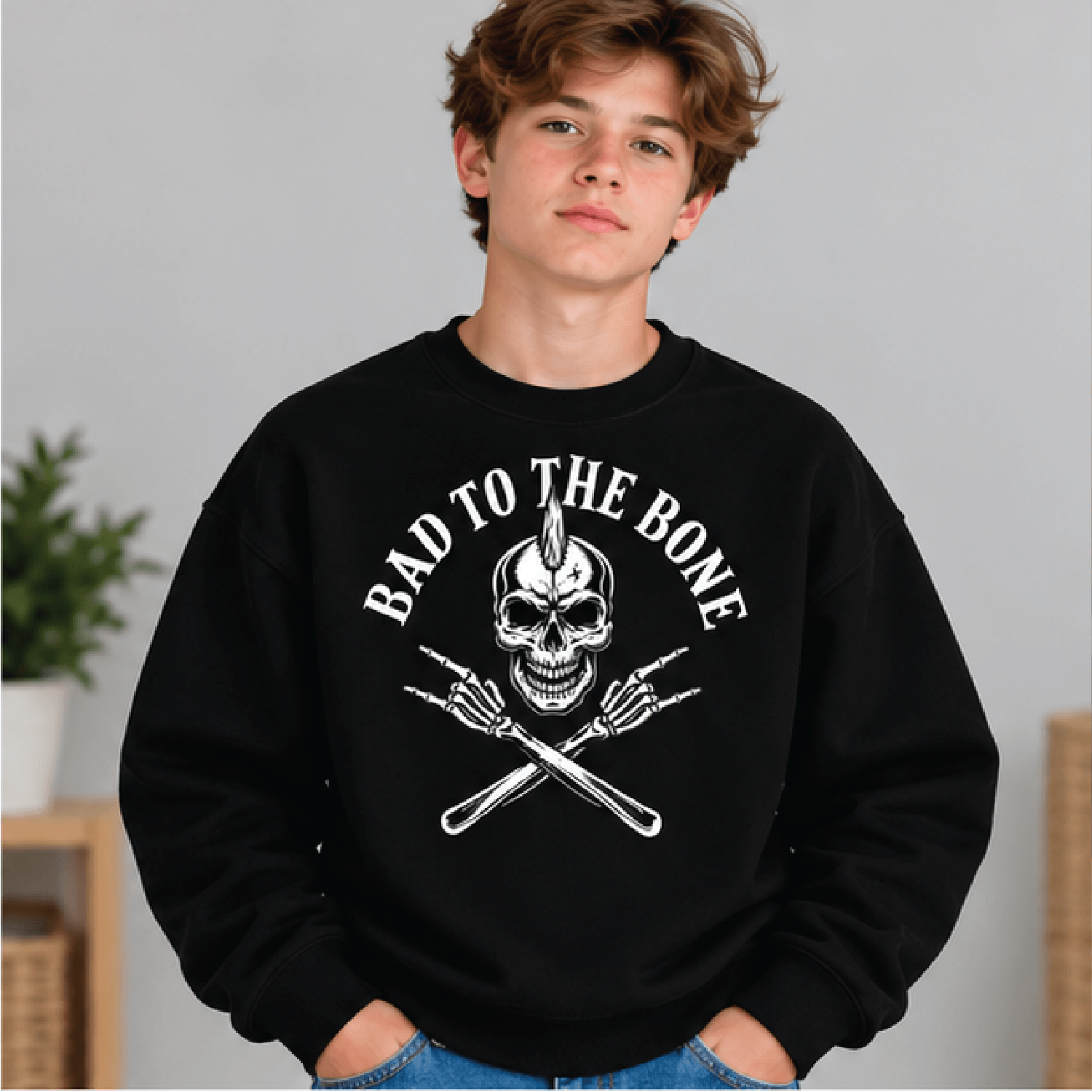Bad To The Bone Halloween Sweatshirt Kids Youth Unisex Skull Crewneck Rock And Roll Skeleton Spooky 1