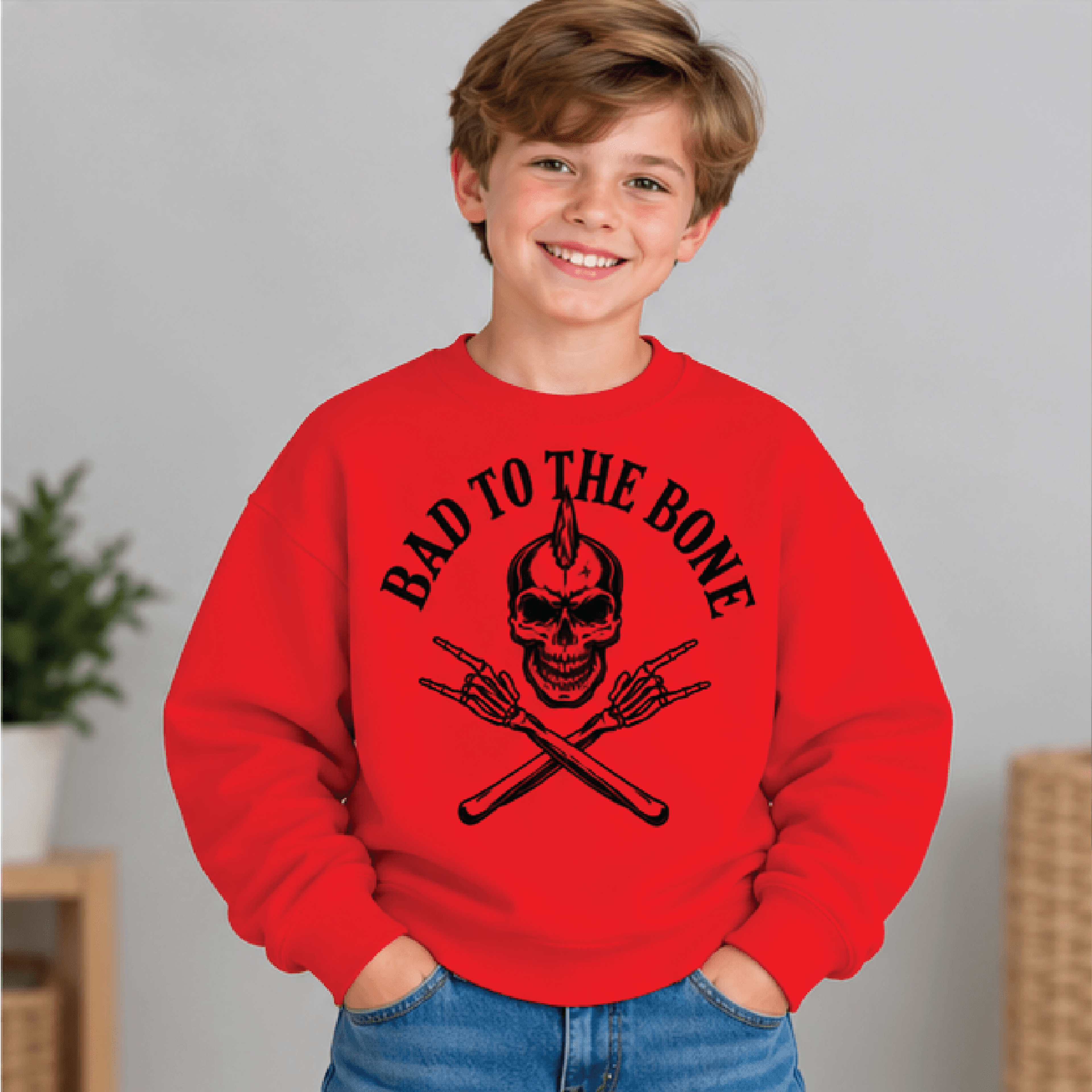 Bad To The Bone Halloween Sweatshirt Kids Youth Unisex Skull Crewneck Rock And Roll Skeleton Spooky 3